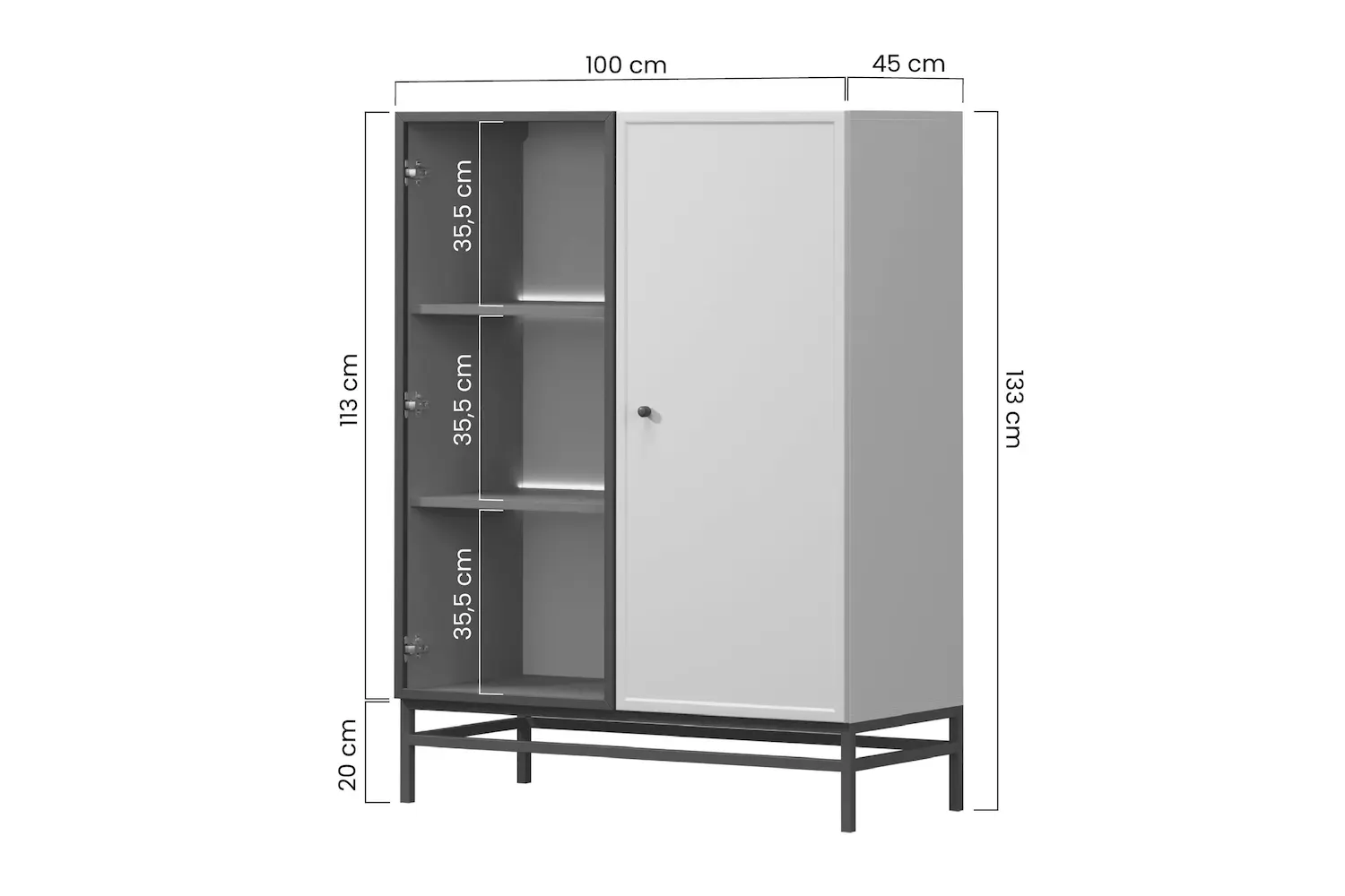 Witryna 2-drzwiowa LORINI 100 oświetlenie LED szkło Antosol - cashmere gałka czarna stelaż czarny - B_166736
