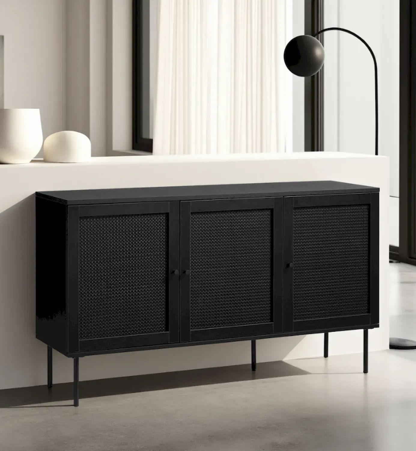 Komoda 3-drzwiowa PENSACOLA 140x80 rattan/czarna - UN_43211013