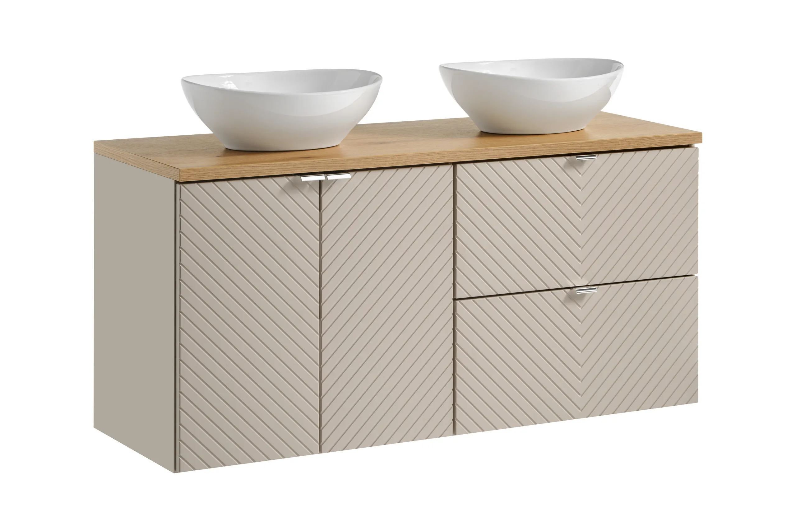 Zestaw meblowy SET-VIC Oak 120cm ( 2 szafki + blat + 2 umywalki nablatowe Lola ) kaszmirowy, efekt drewna