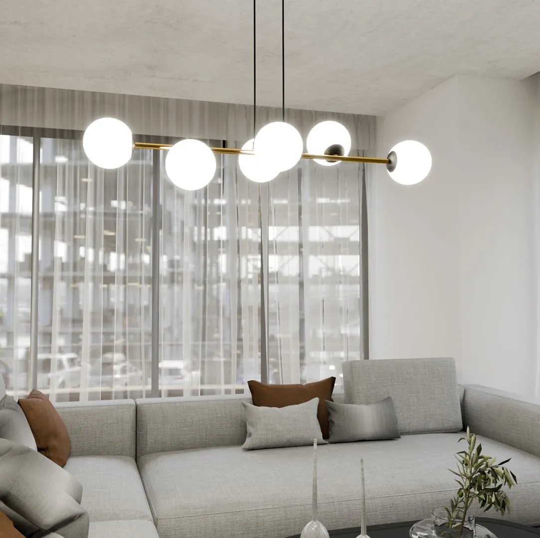 image lampa wisząca, kula żarówka, sofa narożna, wnętrze salonu, poduszki dekoracyjne