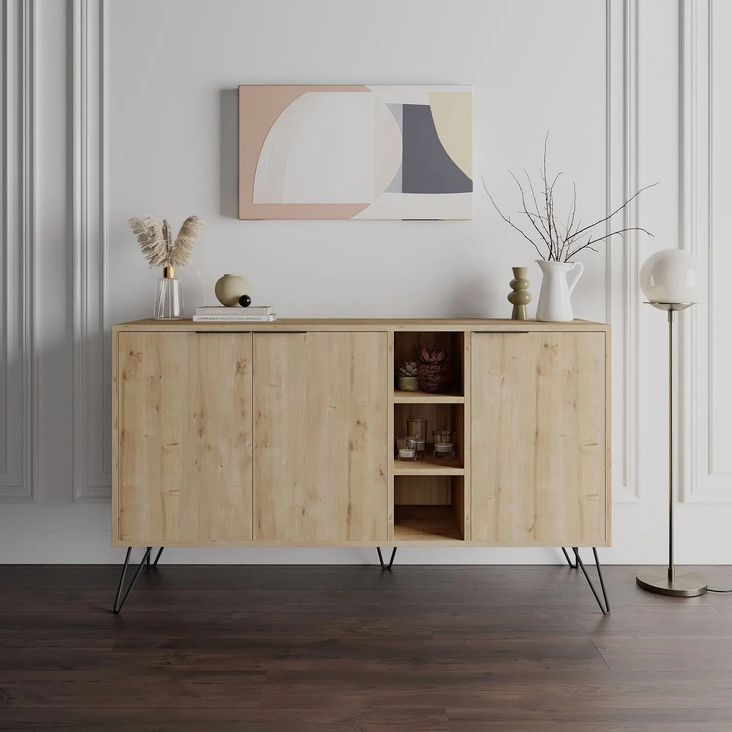 Komoda drewniana 3-drzwiowa z wnęką CLARA 142 cm dąb naturalny — zdjęcie 2