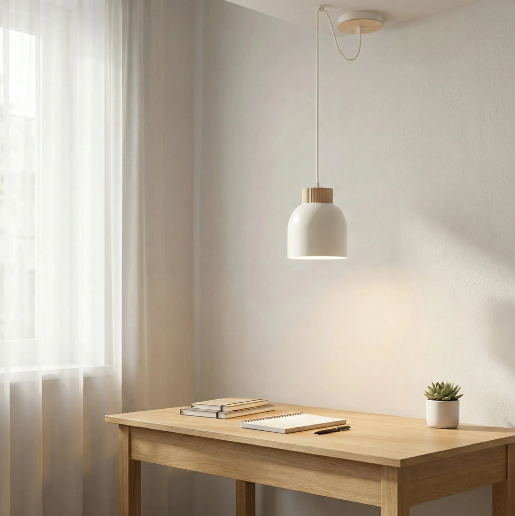 lampa wisząca, lampa sufitowa, kinkiet, stół drewniany, plantka