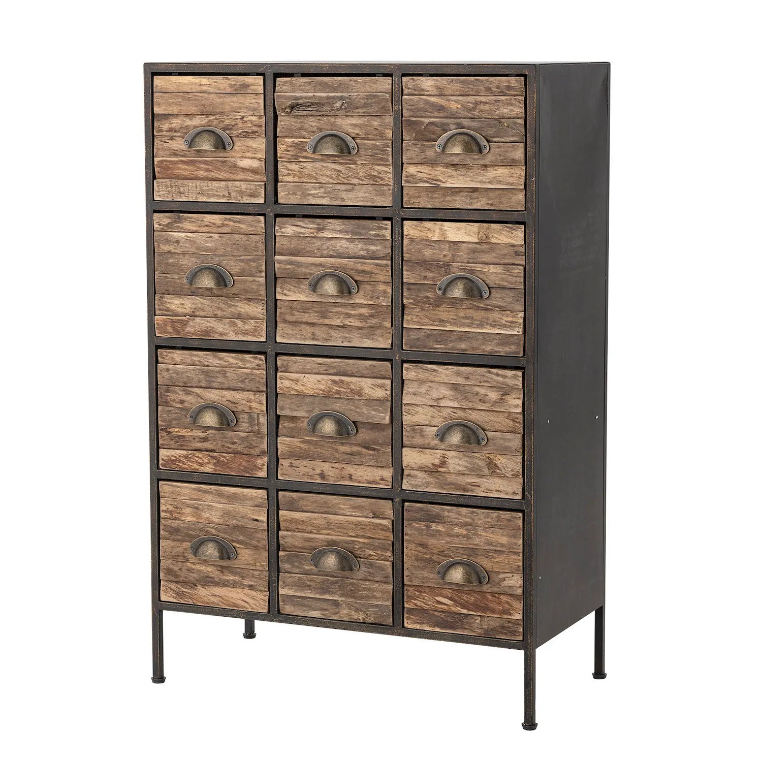 image drewniane szuflady, szafka z szufladami, industrialny styl, metalowa rama, 16 szuflad