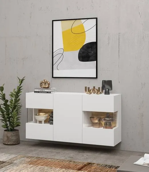 Komoda 3-drzwiowa szklana AVA stojąca/wisząca 120 cm biała dąb wotan - 249NLM25