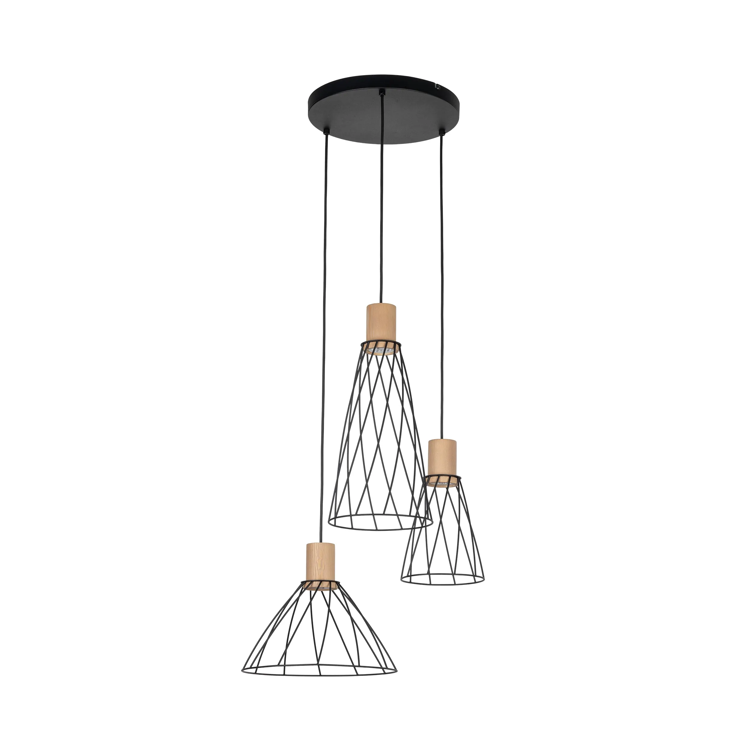 Lampa wisząca MODESTO czarna z drewnianymi elementami z sosny klosze różnokształtne 120x50cm