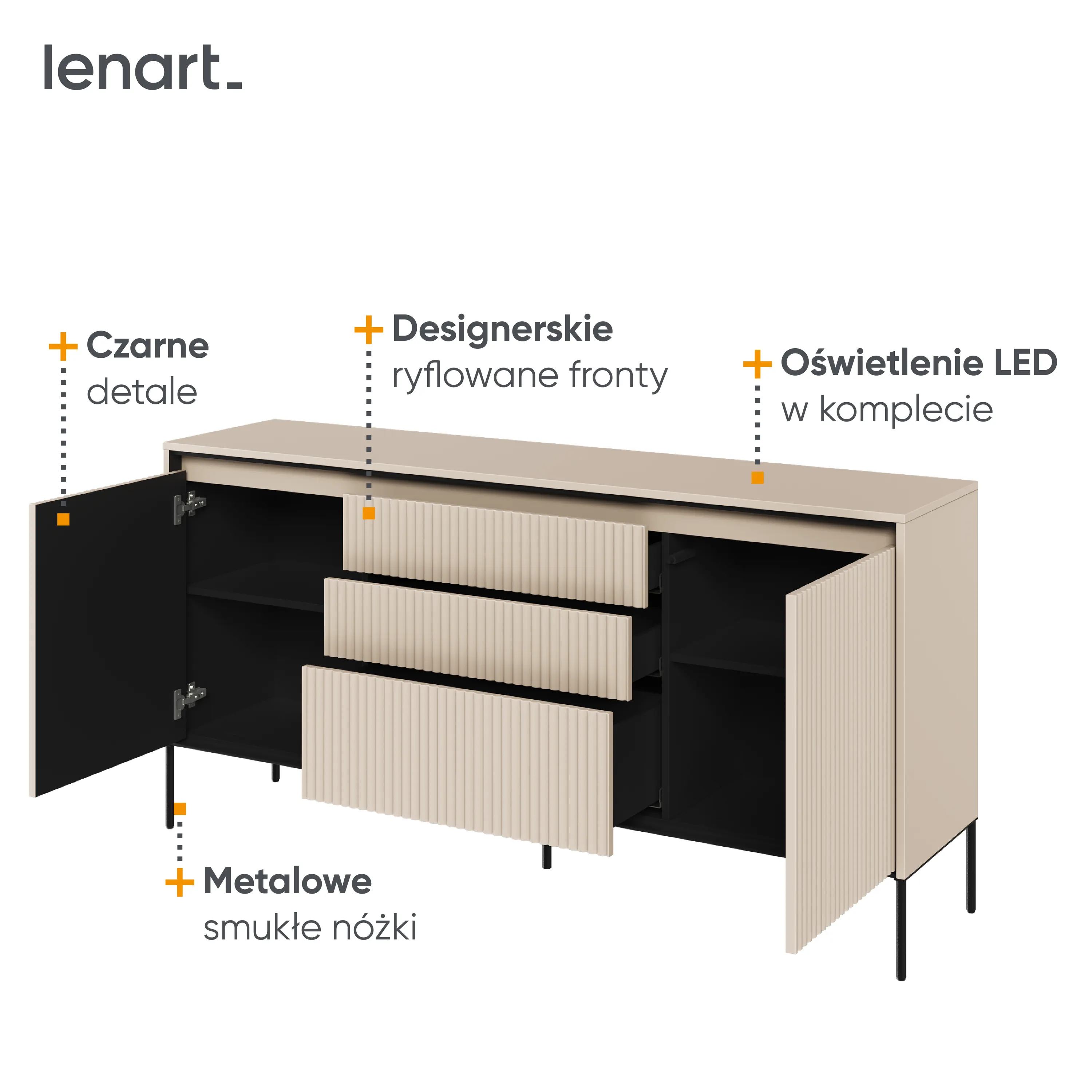 Komoda z oświetleniem TREND TR-01 2D3S ryflowana beż piaskowy/czarny - TR1BPC-V2