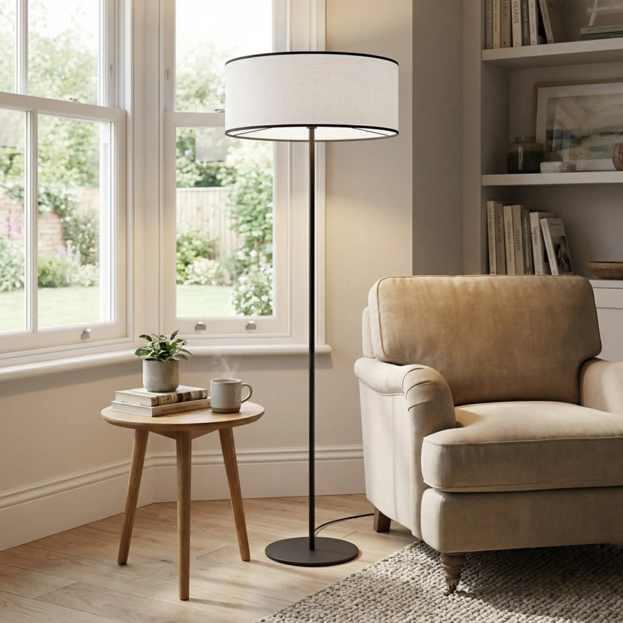 lampa stojąca, lampa podłogowa, sofa/beżowy fotel, stolik kawowy, wnętrze skandynawskie