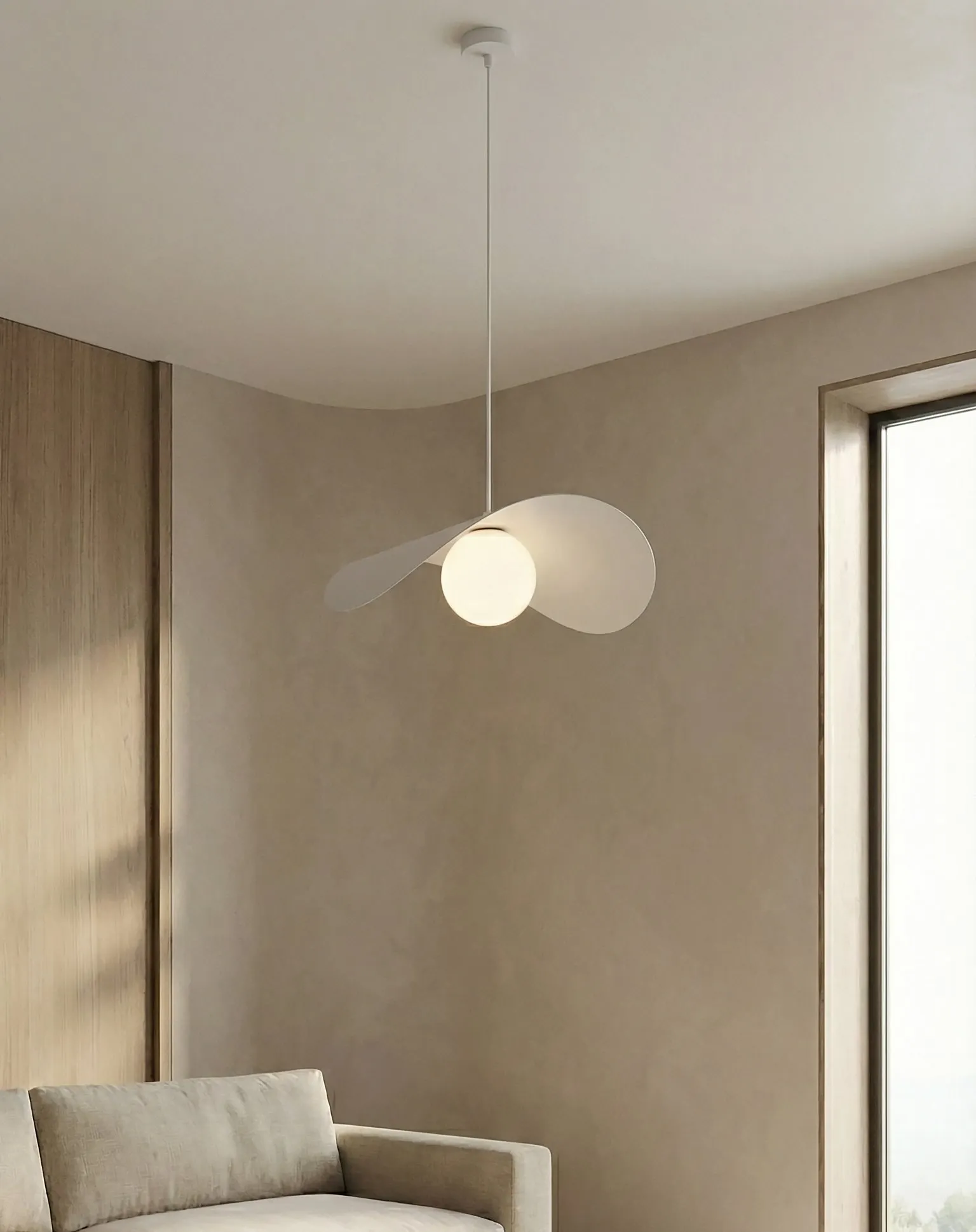 image lampa wisząca, kula, konstrukcja z tworzywa, biała, wnętrze salonowe