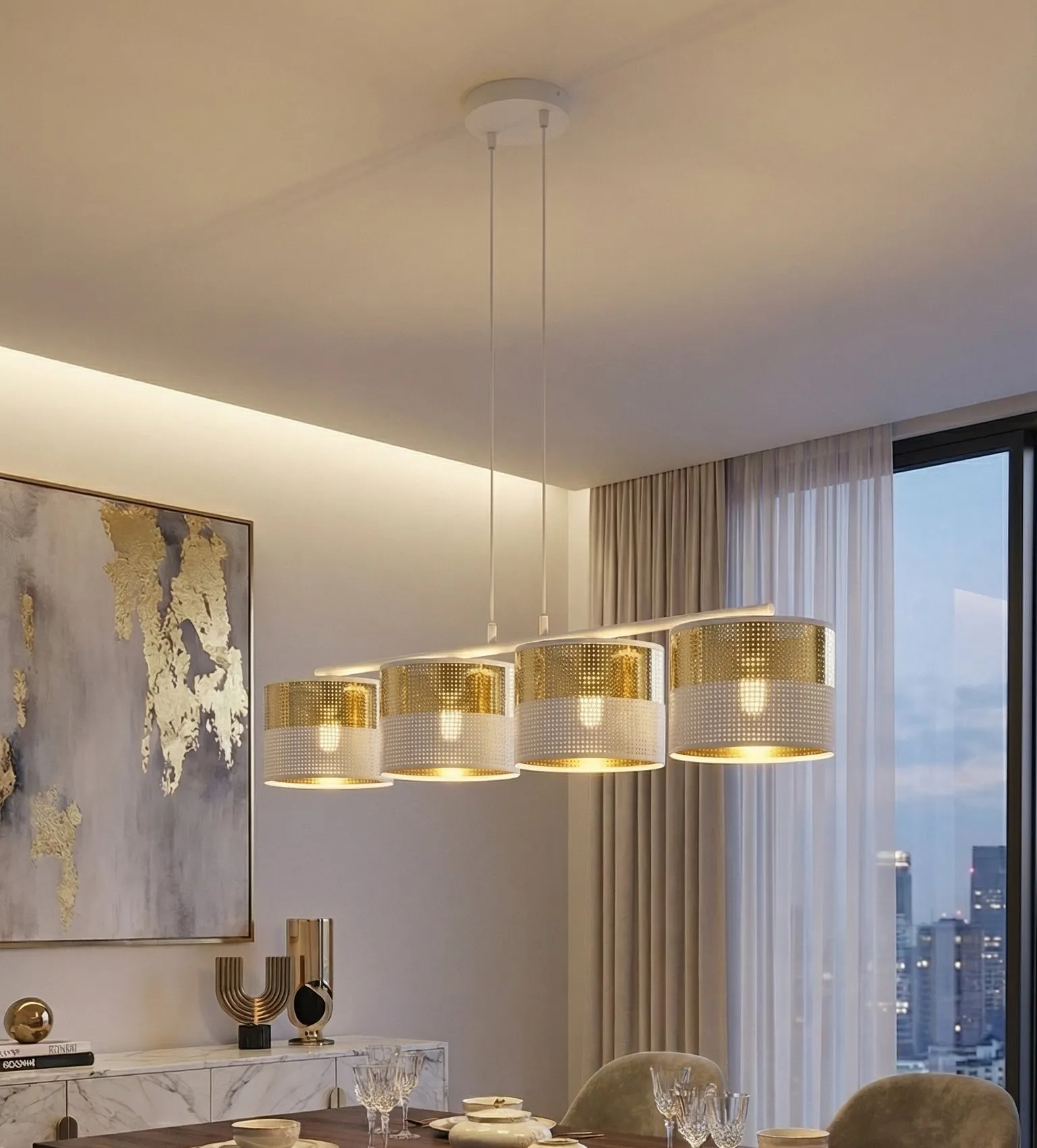 Lampa wisząca LUX 4 WH GOLD z abażurem biała złota - 1650/4
