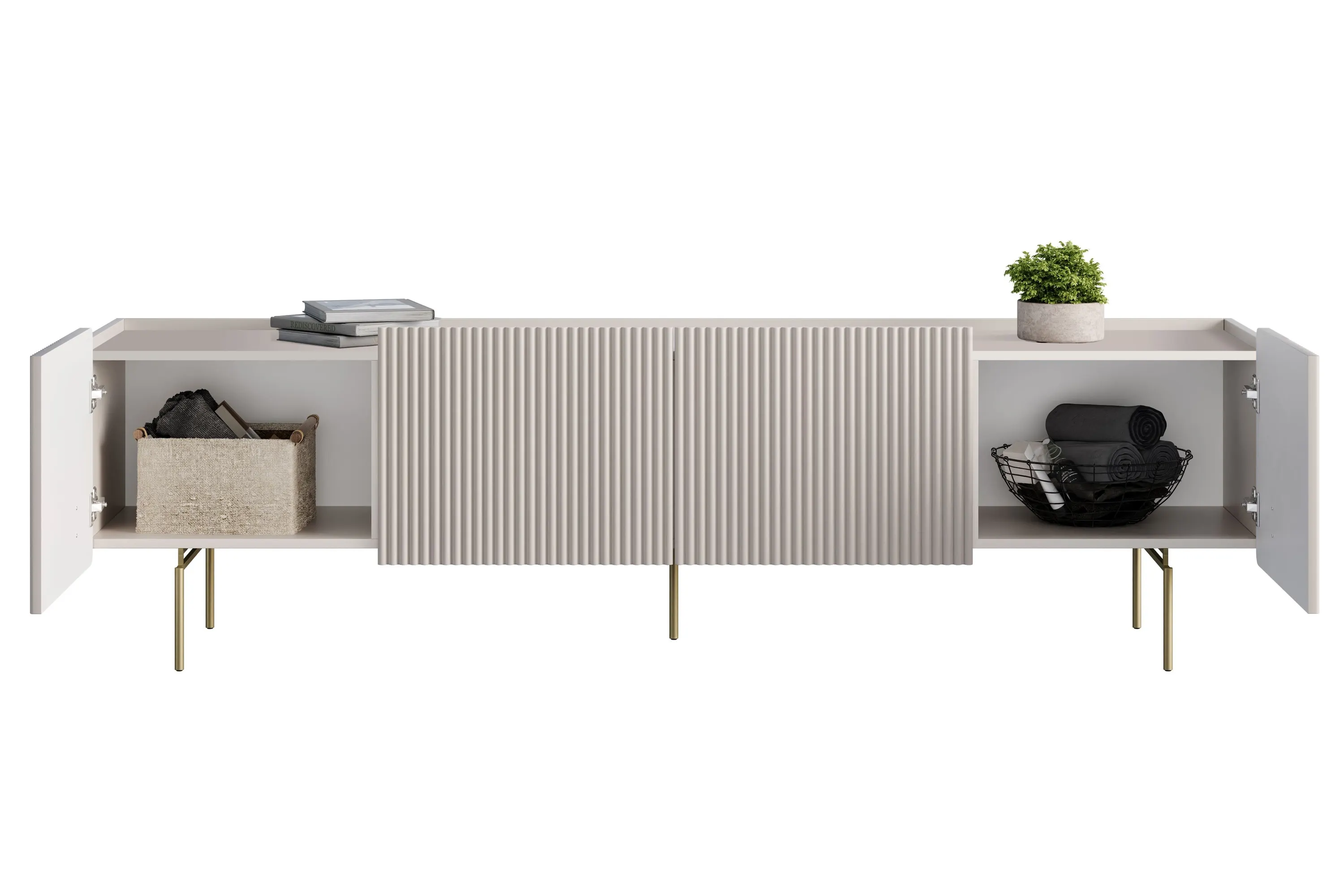 Szafka RTV 2-drzwiowa z 2 szufladami MALMI 200cm - kaszmirowa - złote nogi - B_167029