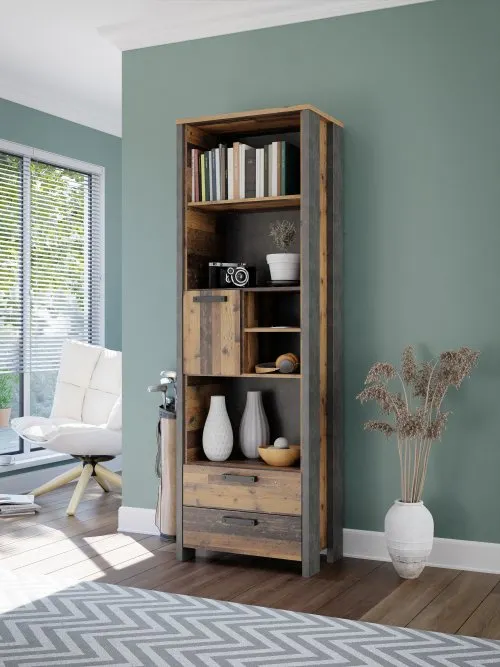 Regał wysoki CLIF z 2 szufladami i szafką - old wood vintage, beton - CLFR712-C546