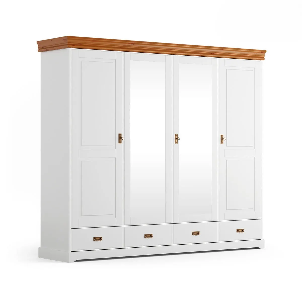 Szafa 4-drzwiowa z lustrem sosnowa Toskania Kolor: biały, bejca Szafa 4-drzwiowa z lustrem sosnowa Toskania Kolor: biały, bejca