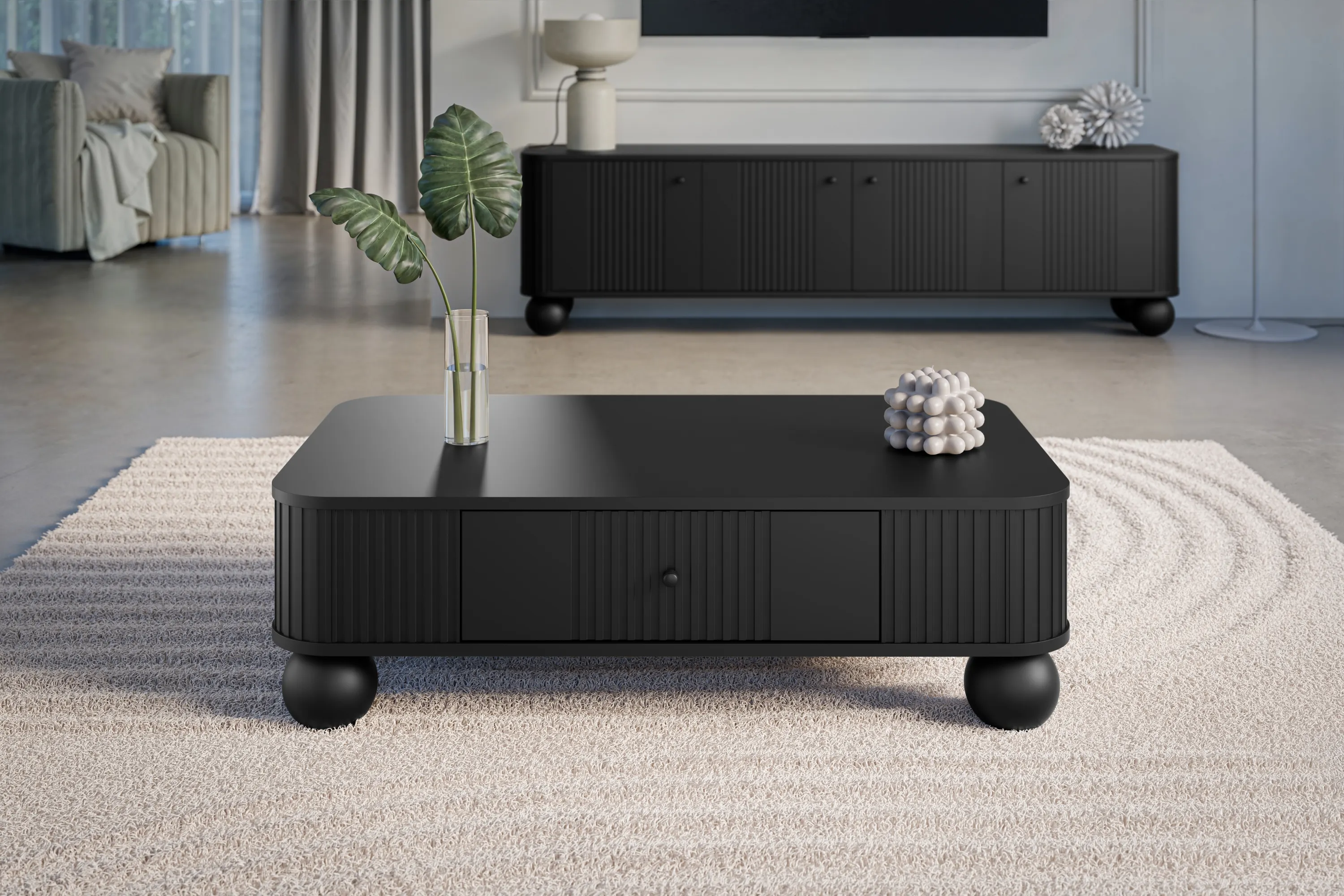 Stolik kawowy z szufladą VESPER 103 ryflowany front czarny czarne uchwyty nogi kule - B_163821