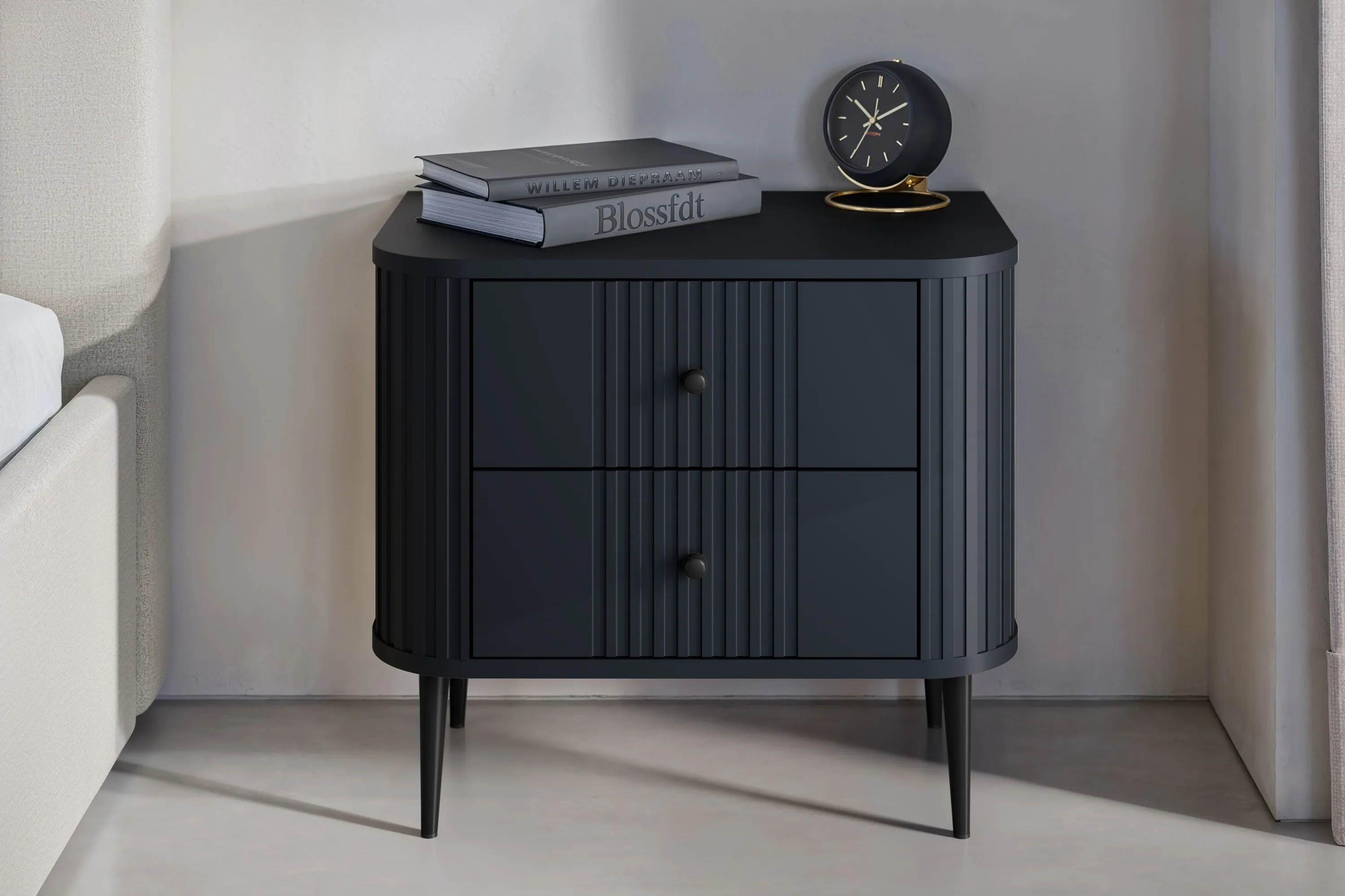 Szafka nocna z 2 szufladami VESPER 56 zestaw 2 sztuk ryflowany front czarny mdf czarne nogi - B_163846