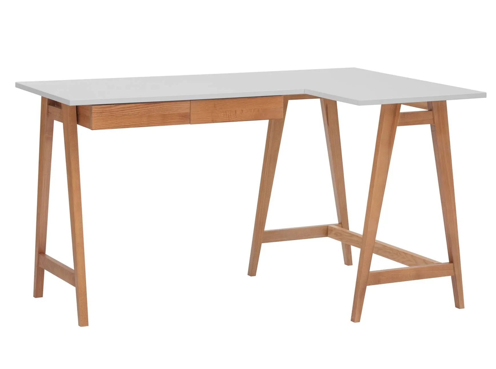 Biurko narożne z szufladami LUKA prawostronne 135x85 jasnoszary blat/nogi kolor dąb