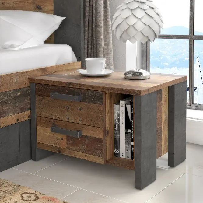 Szafka nocna CLIF z 2 szufladami i wnęką - old wood vintage, beton