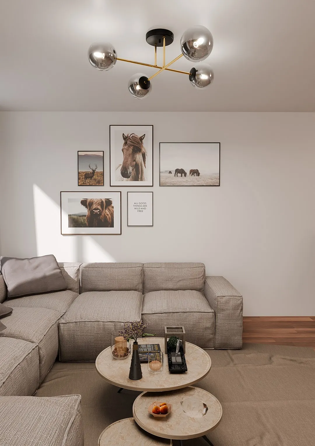 sofa, living room, wall art, desert?, lighting fixture