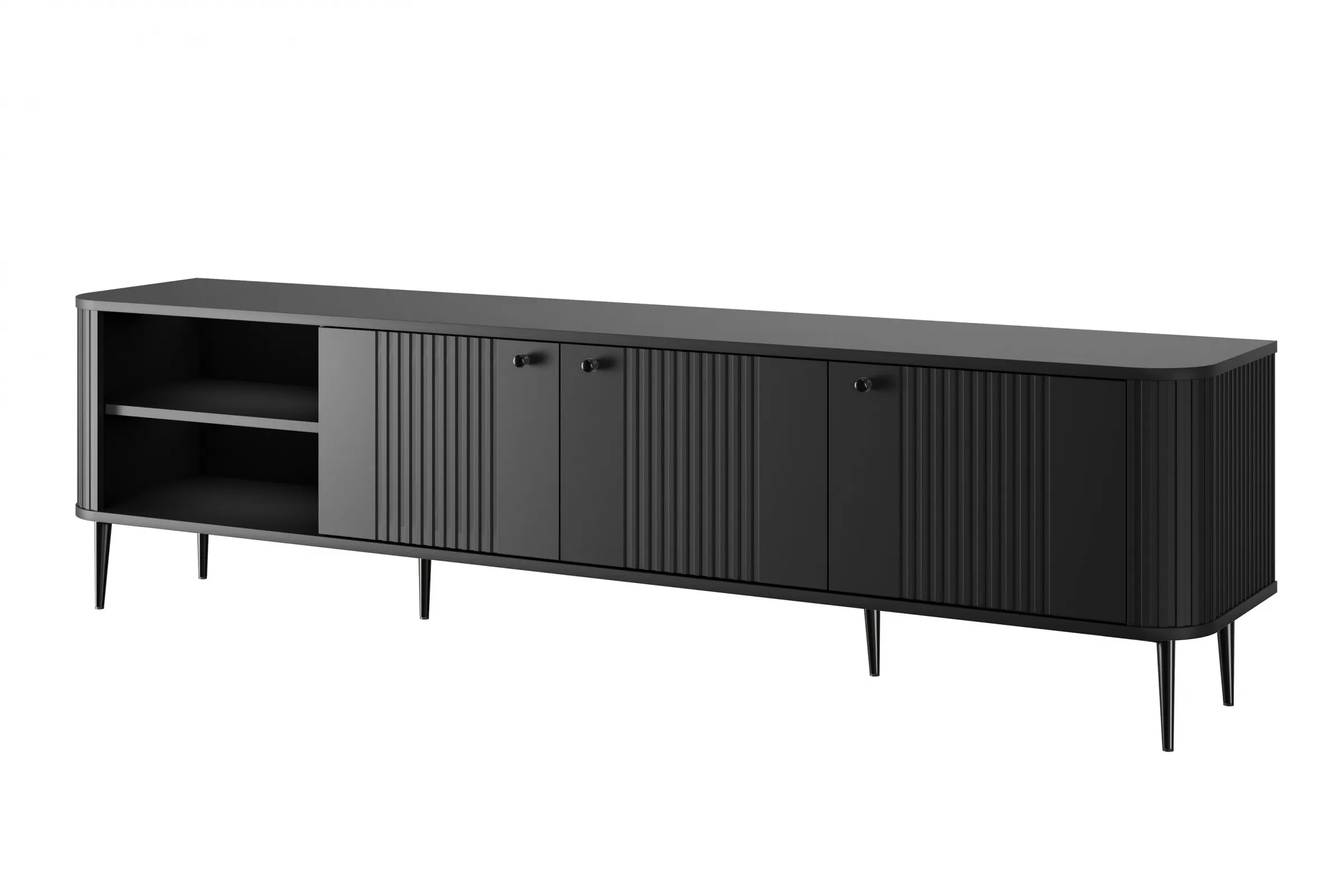 Szafka RTV 3-drzwiowa VESPER RTV 187 ryflowany front czarna czarne nogi Meble, Kredens, Szafka, Łóżeczko, Łóżko dziecięce