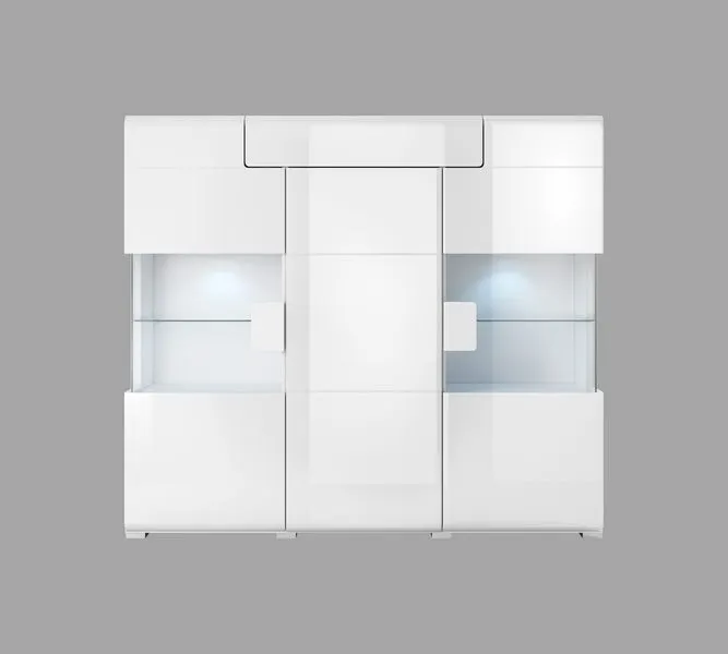 Komoda 3-drzwiowa szklana TOLEDO wysoka 131x147 biała połysk