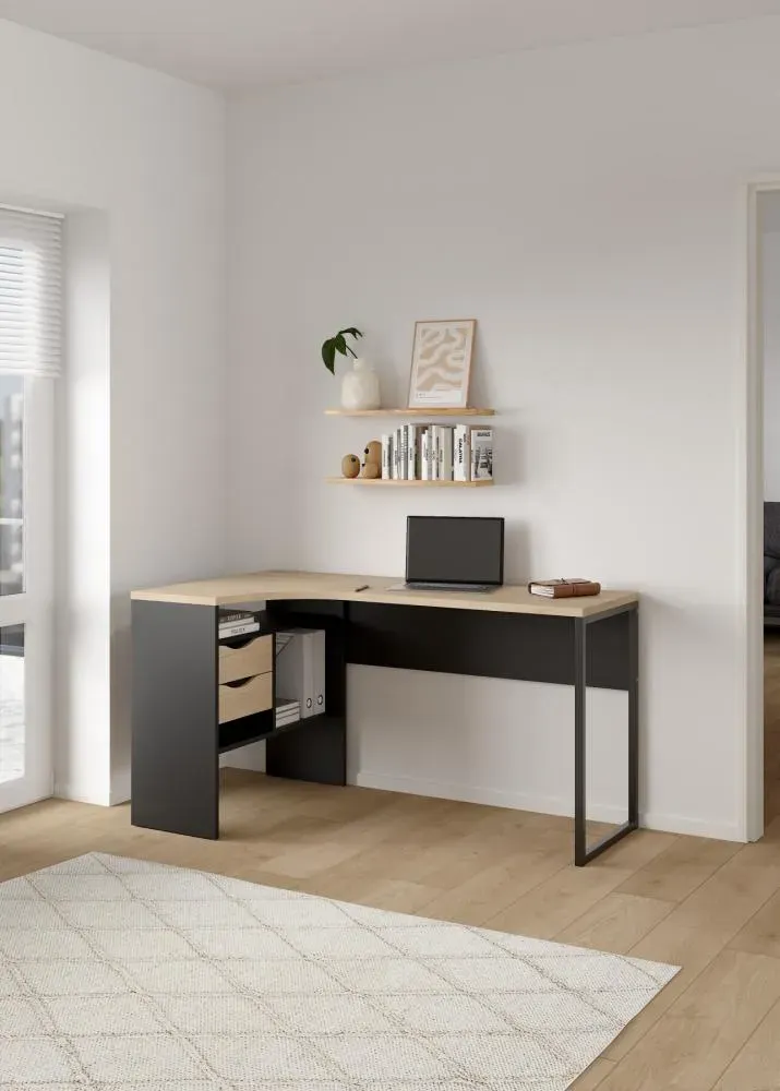 Narożne biurko z 2 szufladami FUNCTION PLUS 145cm czarny mat/Jackson Hickory - TV_80118GMHL