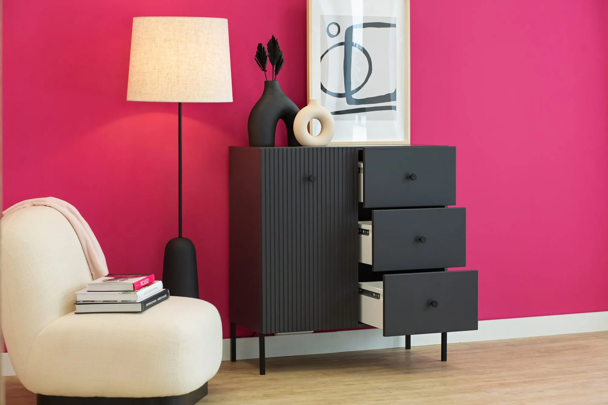 Komoda 1-drzwiowa z 3 szufladami VIENA ryflowany front antracyt - INT_5003201