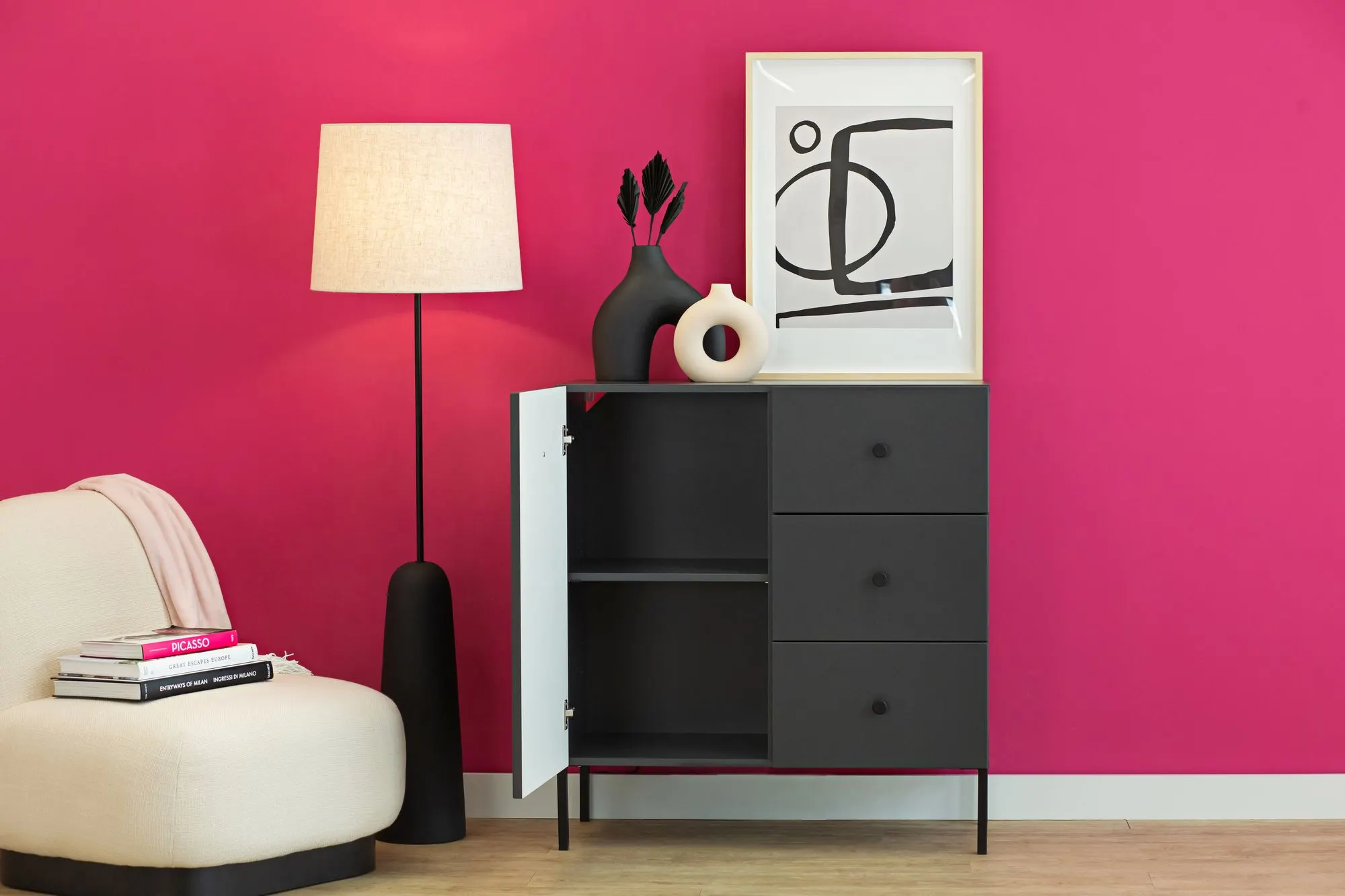 Komoda 1-drzwiowa z 3 szufladami VIENA ryflowany front antracyt - INT_5003201