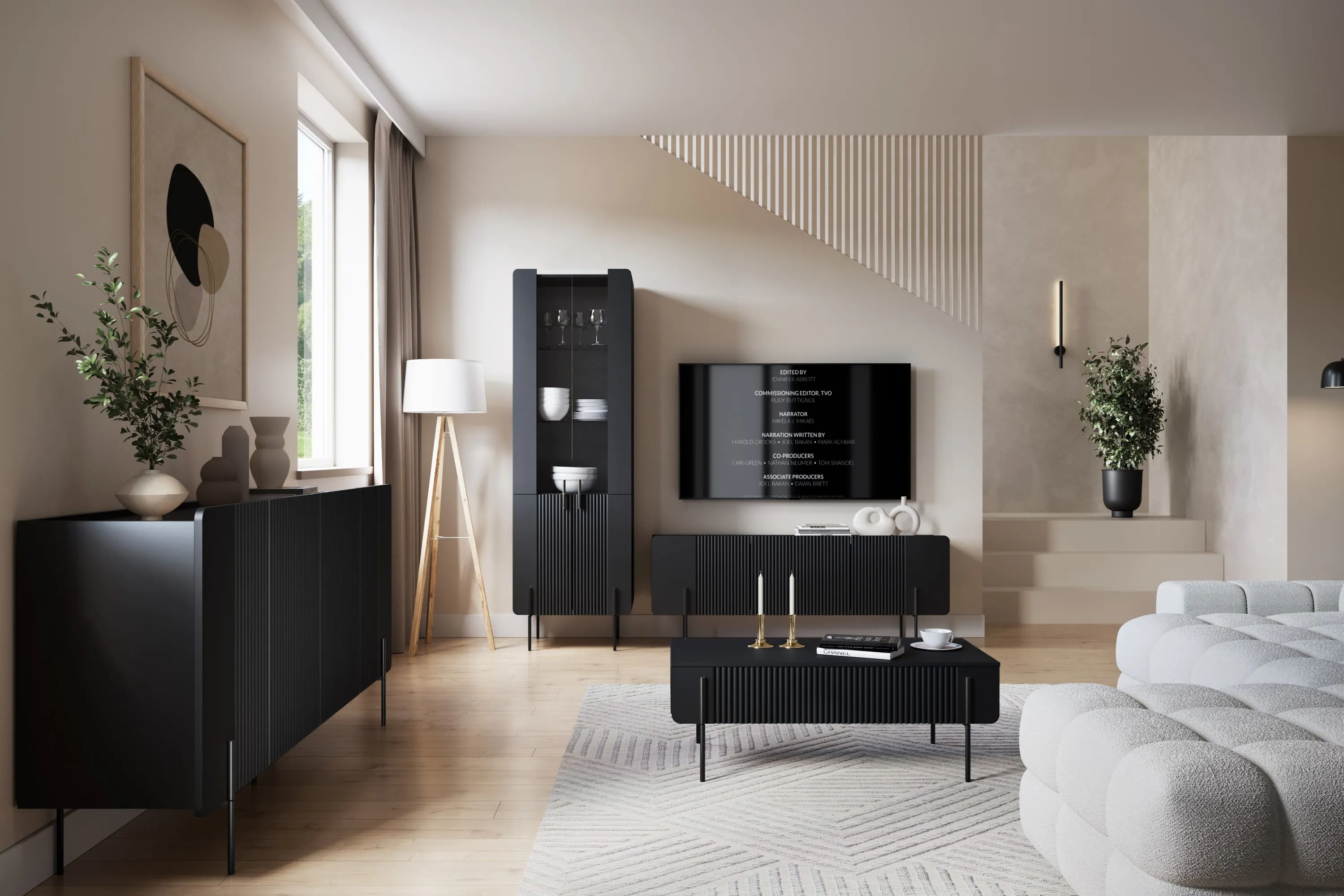 Stolik kawowy z 2 szufladami MALMI ryflowany front 60x100cm - czarny - B_166962