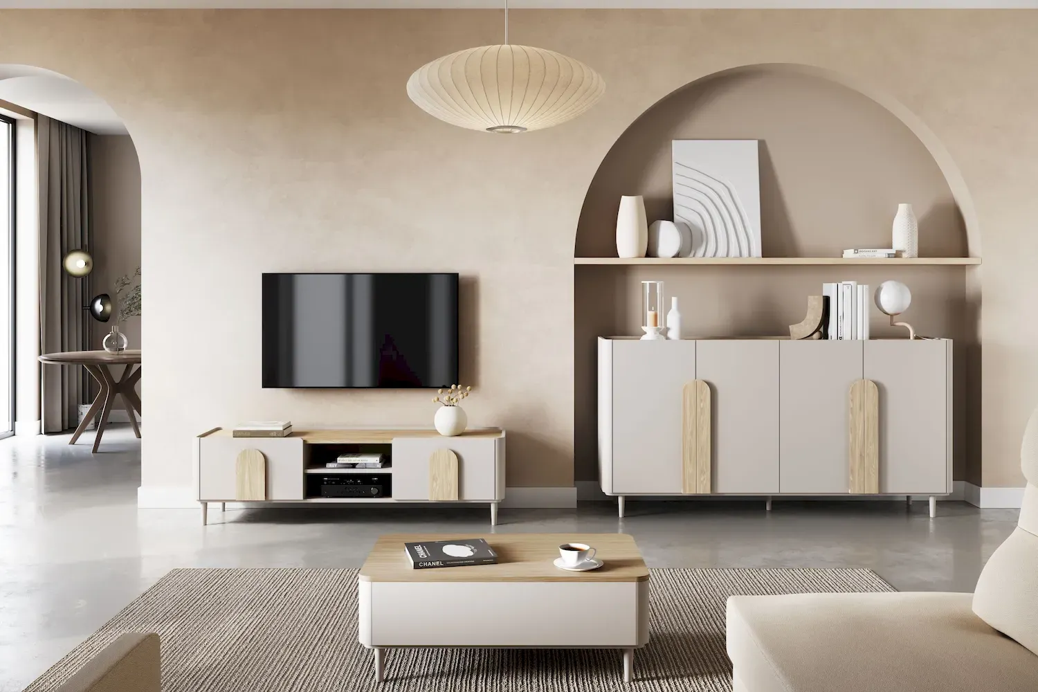 Szafka RTV z klapą i szufladą AMILIO 170 - cashmere dąb olejowany uchwyty dąb jasny nogi cashmere - B_169224