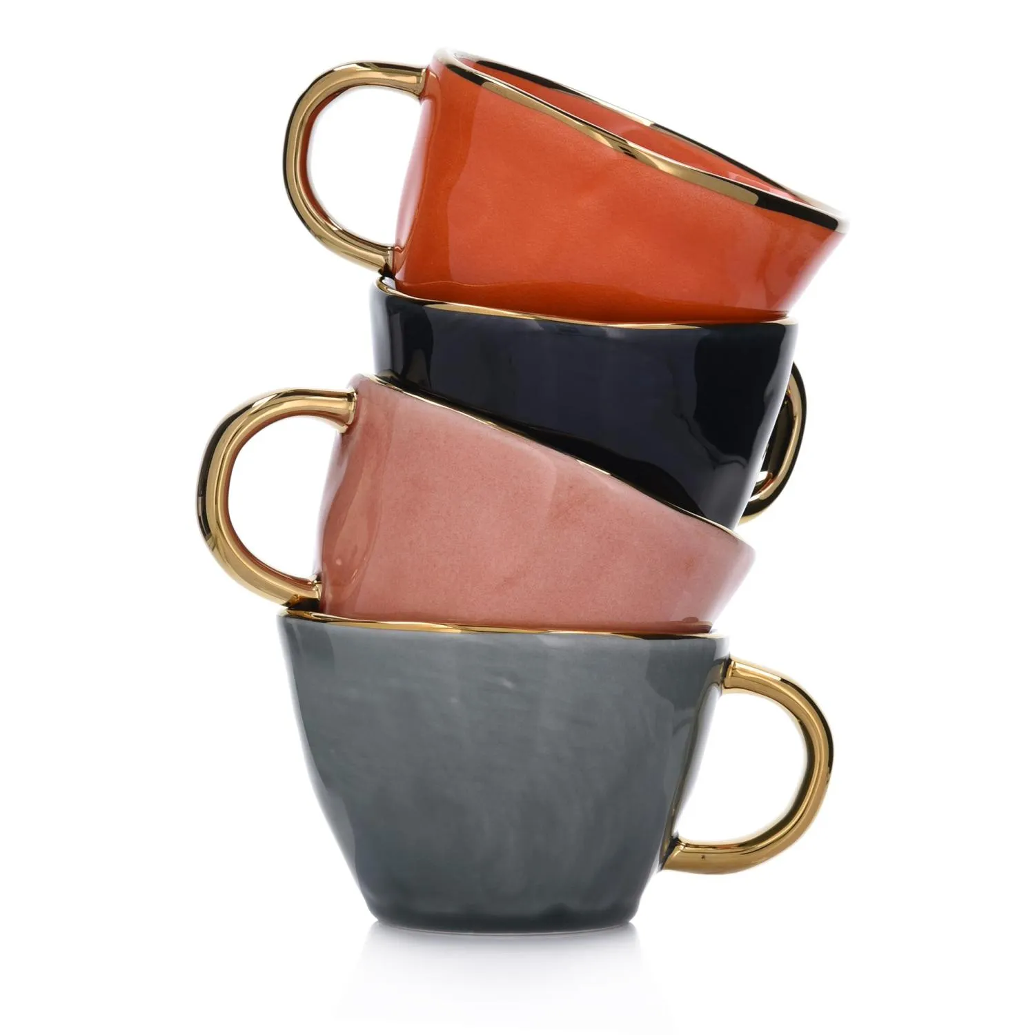 mugs, porcelanowy, kolorowy, złote uchwyty, zestaw czterech