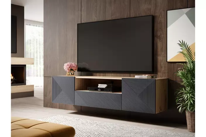 Szafka RTV ASHA 167 - szara - dąb artisan - ryflowany front - czarny stelaż — zdjęcie 6