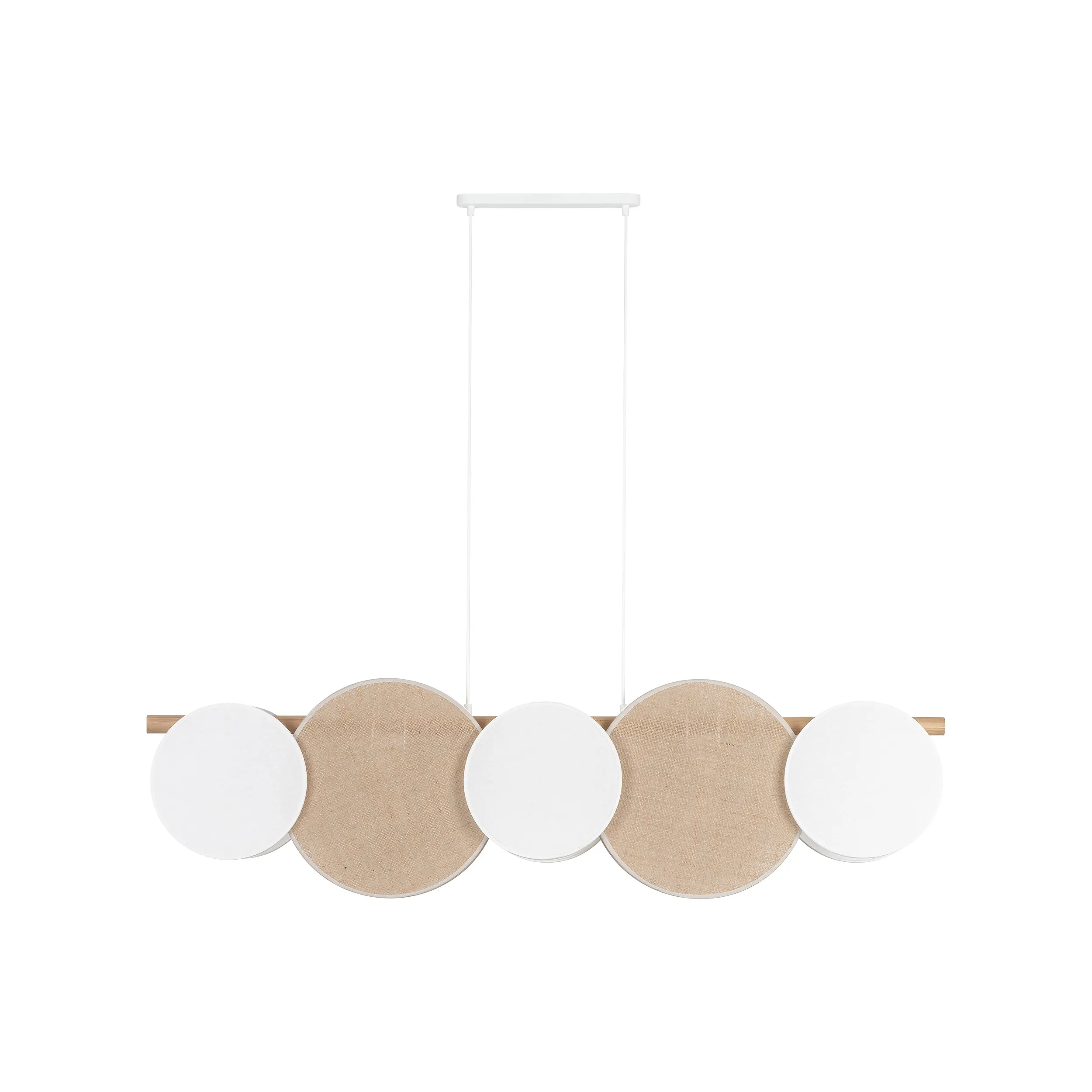 Lampa wisząca PULSE biała na drewnianej listwie klosze biało brązowe 126x115x15cm
