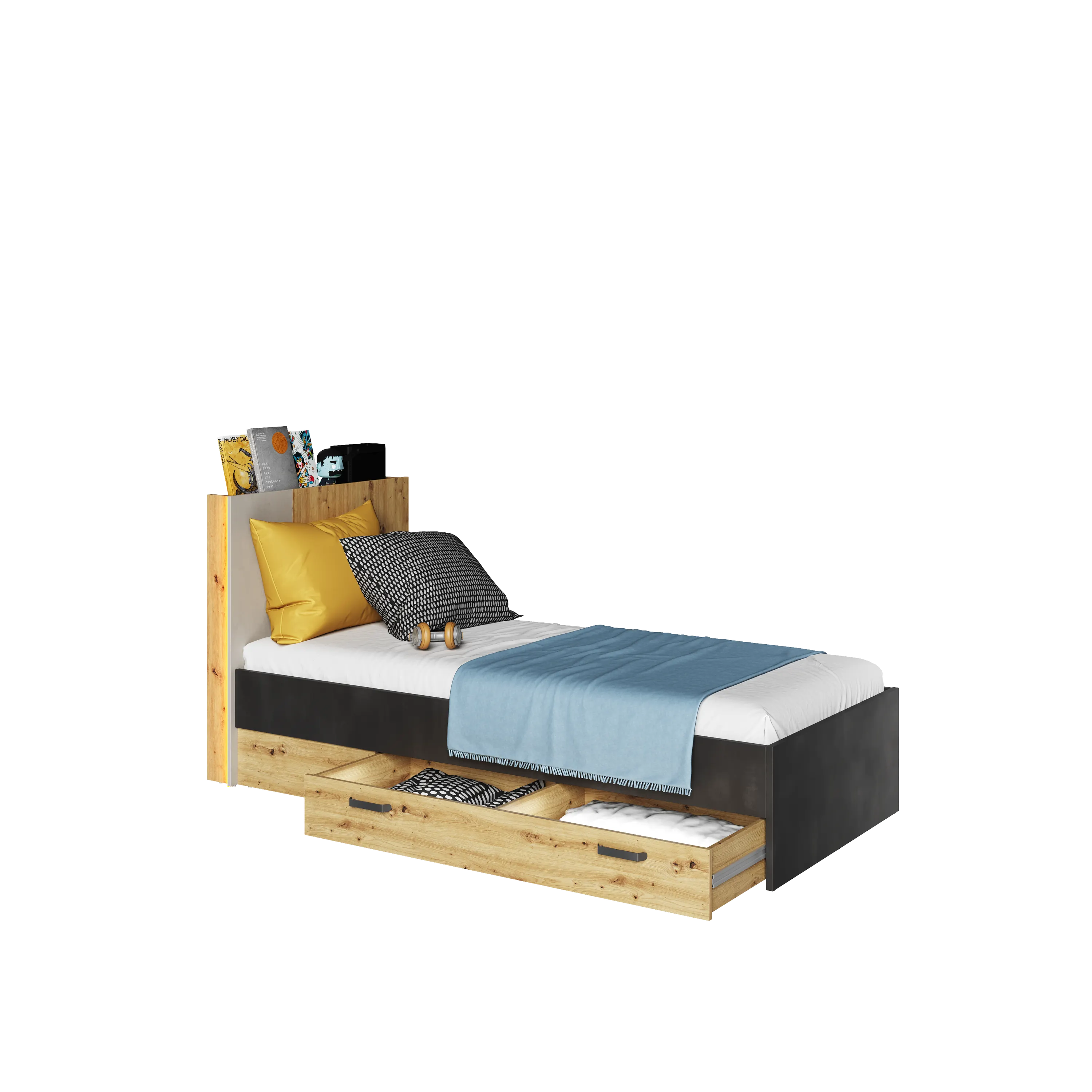 Łóżko ze stelażem LED Qubic QB-12 90x200 dąb artisan - QB12DAR