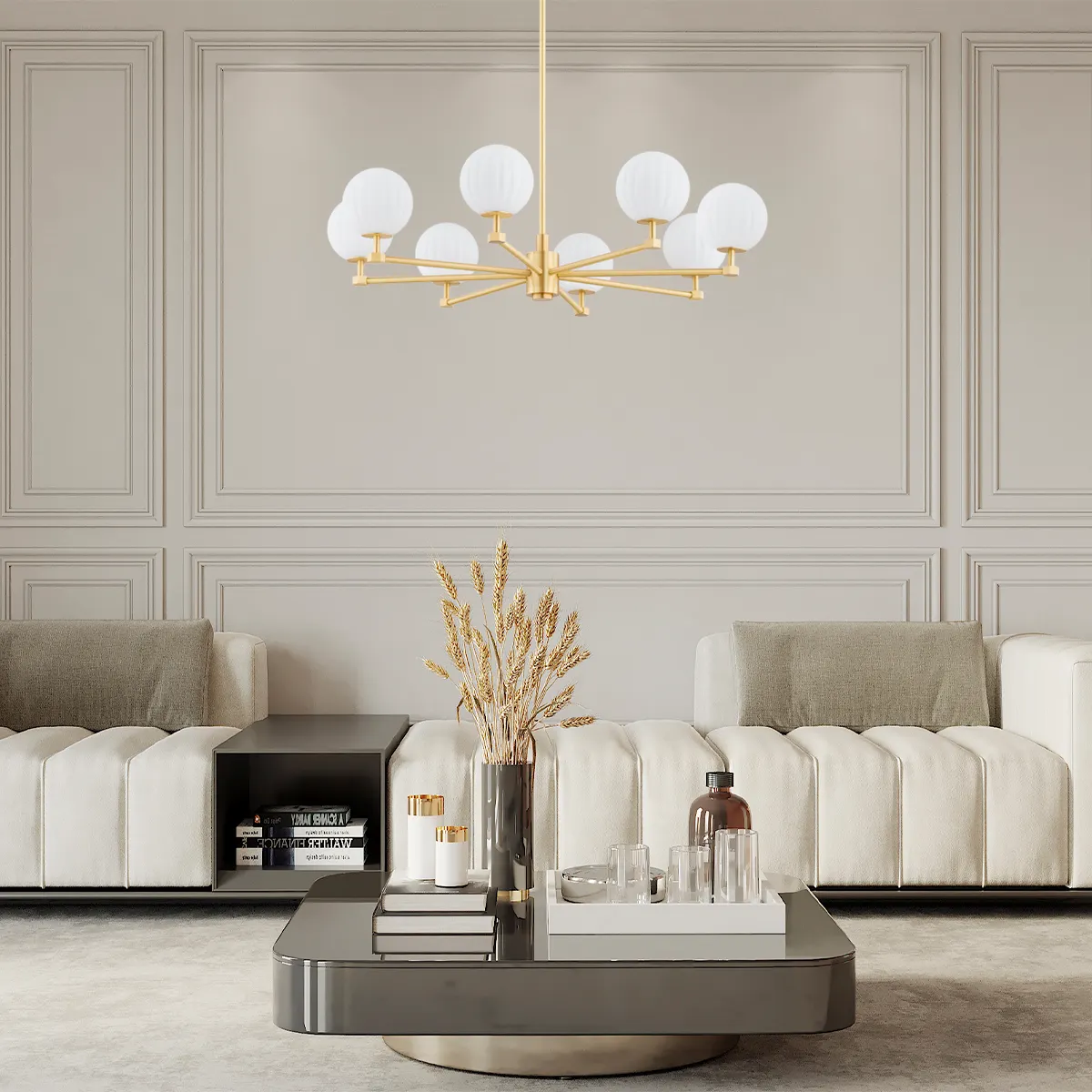 lampa sufitowa, kule szkła, metalowa lampa, złoty wykończenie, dekoracja salonowa