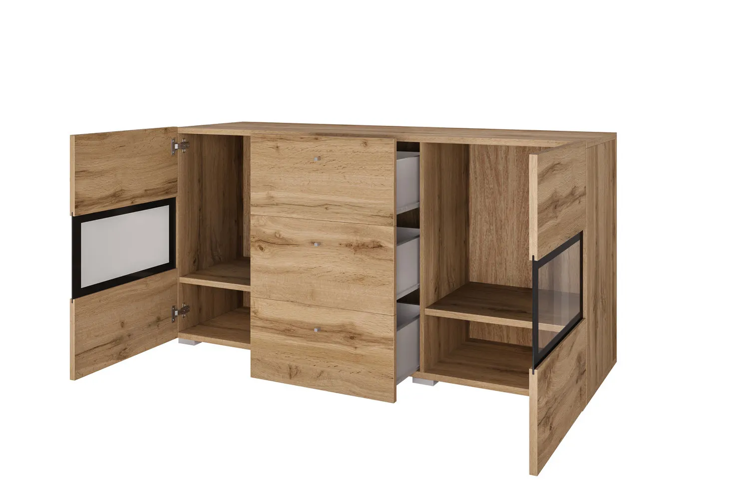 Komoda 2-drzwiowa z szufladami BAROS szklana dąb wotan - 24N0BM26