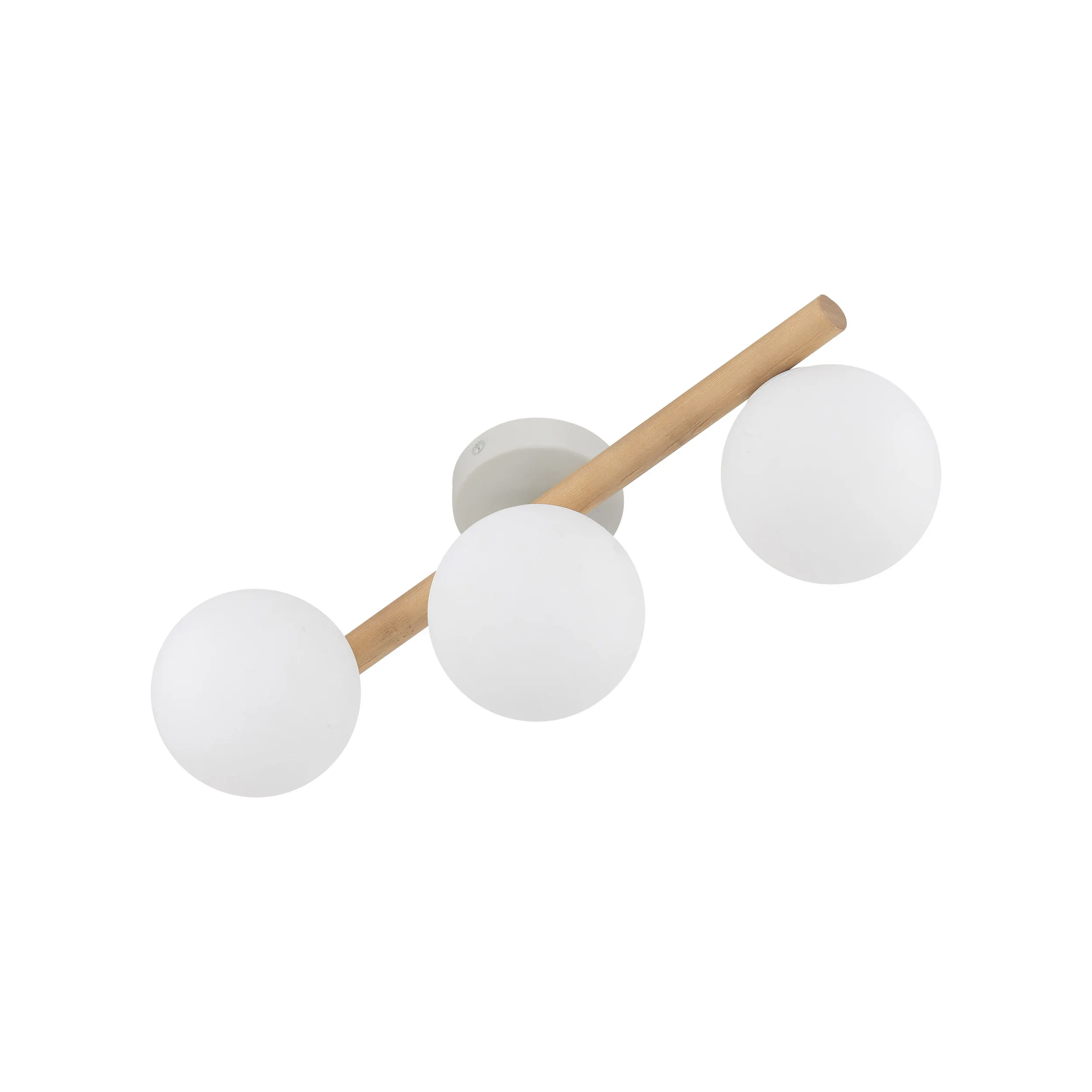 Lampa sufitowa ESTERA biała z sosnową jasną drewnianą listwą i białymi okrągłymi szklanymi kloszami 47x23x17cm - TK_5768