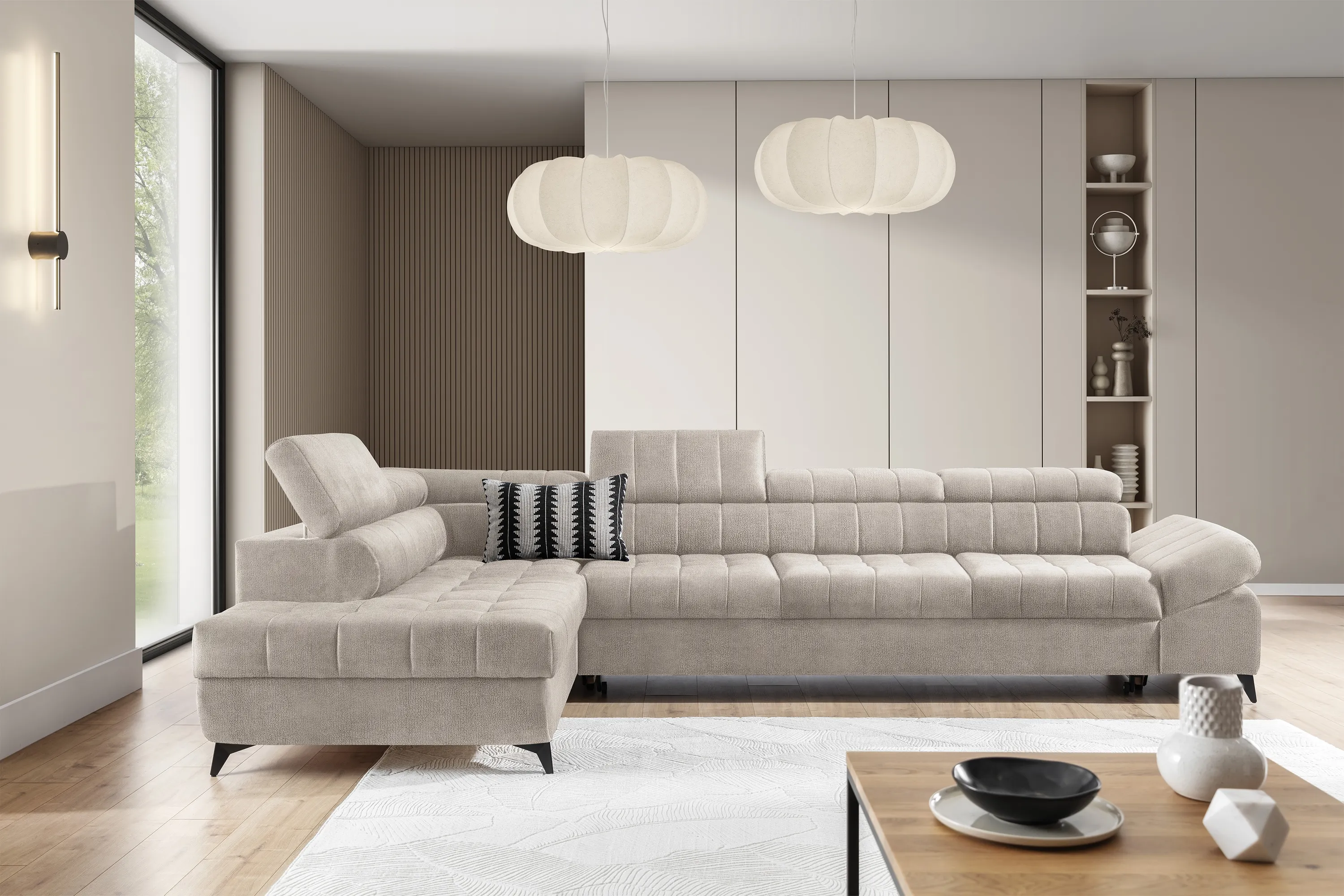 Narożnik lewostronny VALORIS MAXI regulowane zagłówki i podłokietniki tkanina Perfect harmony 07 beżowy - B_168601