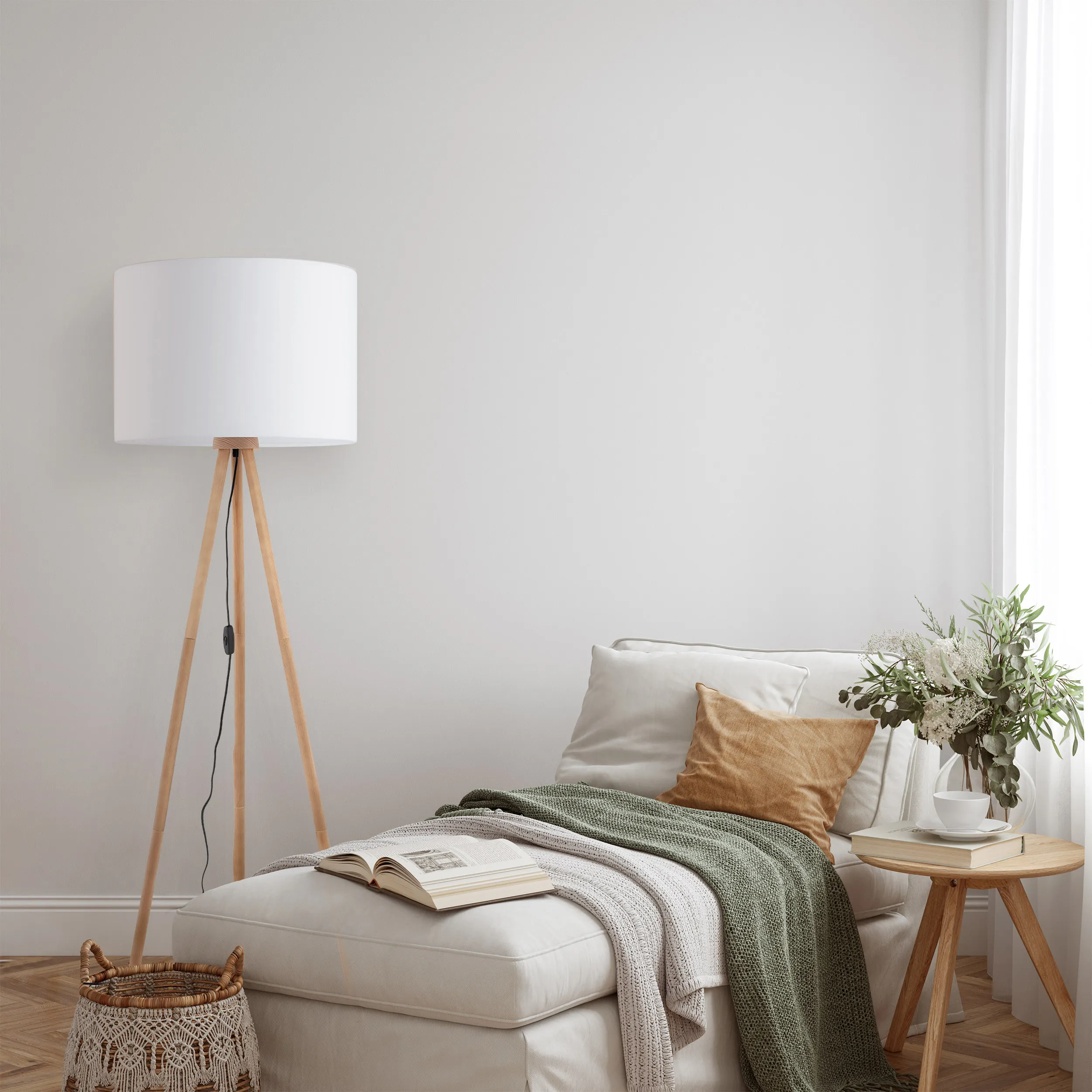 Lampa podłogowa TOKYO na sosnowych jasnych nogach z białym okrągłym kloszem 148x63cm - TK_5299