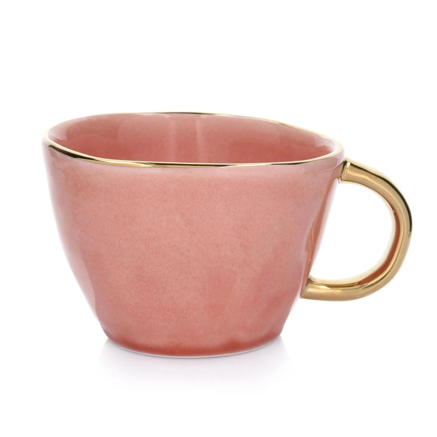 kubek, różowy, ceramiczny, złoty uchwyt, porcelanowy