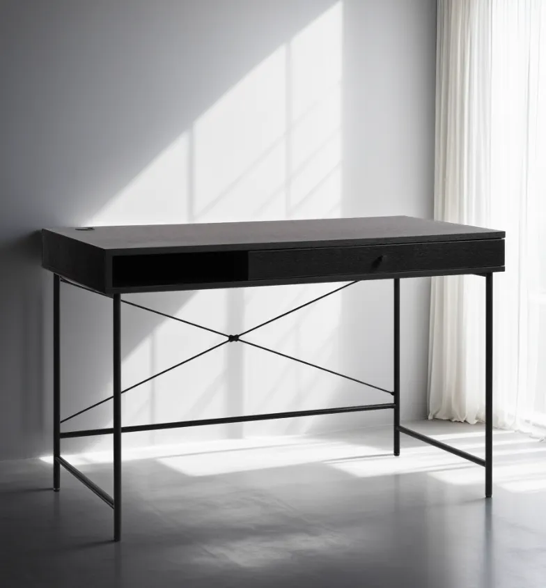 image biurko, stelaż metalowy, czarne, szufladka, minimalistyczny