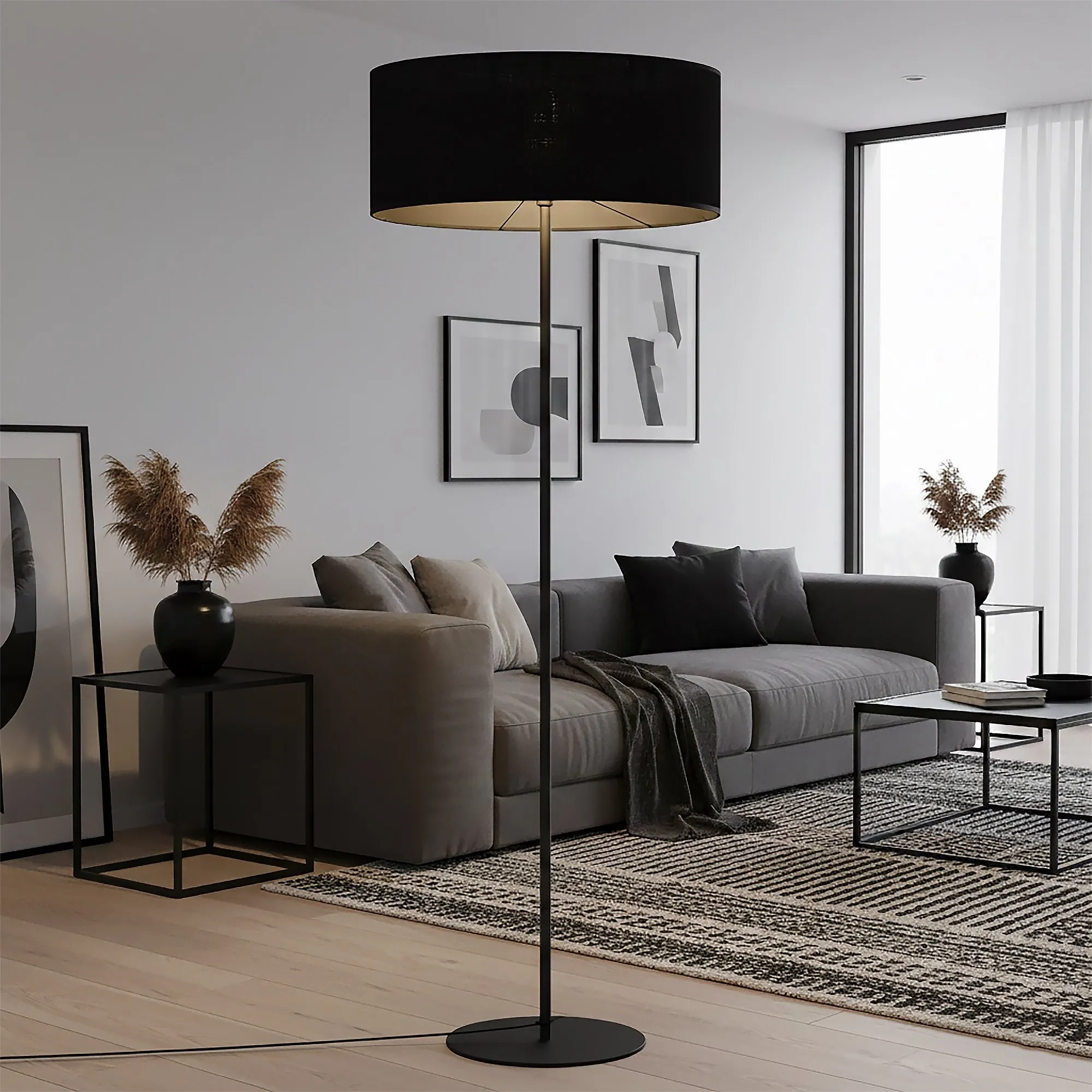 lampa stojąca, czarna lampa, salon, lampka podłogowa, oswietlenie