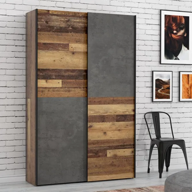 Szafa 2-drzwiowa OZZULA drzwi przesuwne 120cm old wood vintage beton - OZLS722X7-C754