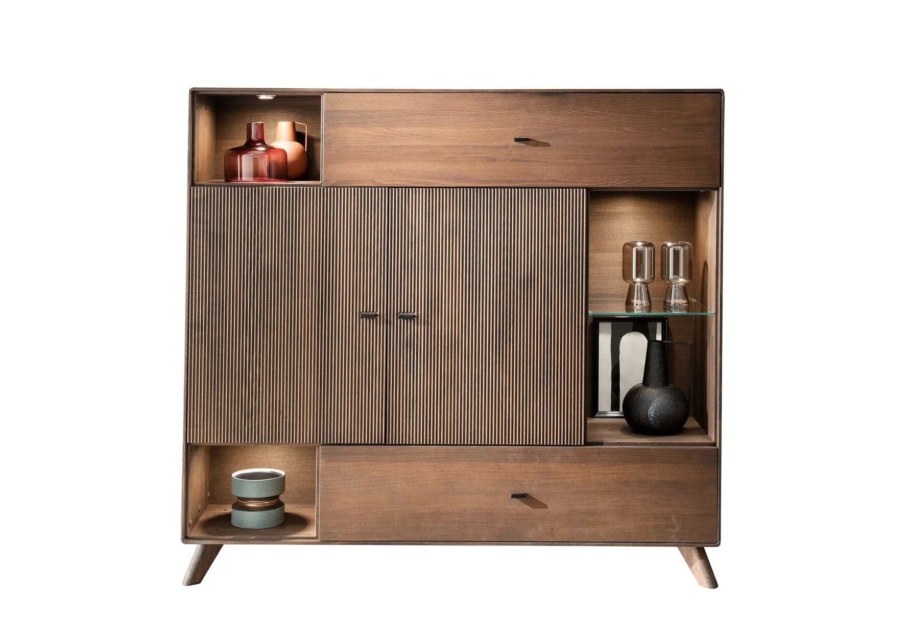 Komoda wysoka z witryną drewniana ryflowana BLISS 156x145x40 cm