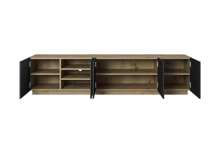 Szafka RTV ASHA 200 5D - czarny mat - dąb artisan - ryflowany front - cokół — zdjęcie 2