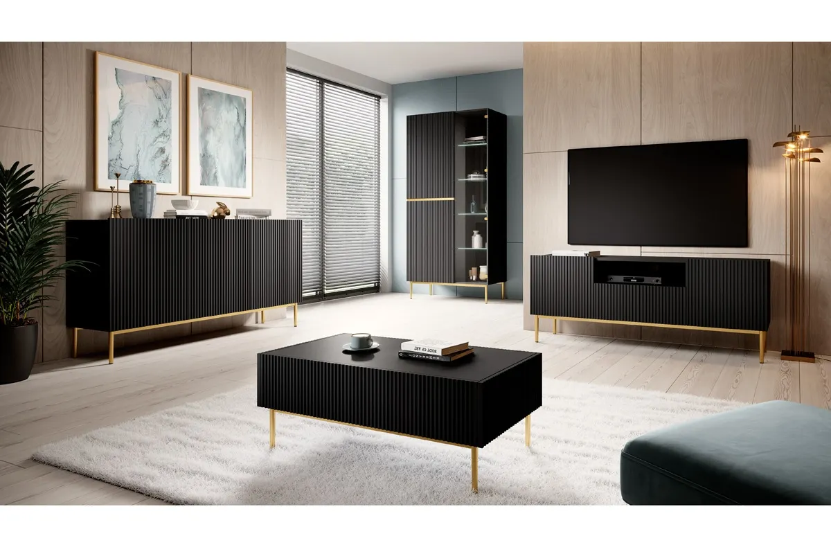 Szafka RTV NICOLE 150 z szufladą i wnęką - czarny mat - złoty stelaż - B_53706