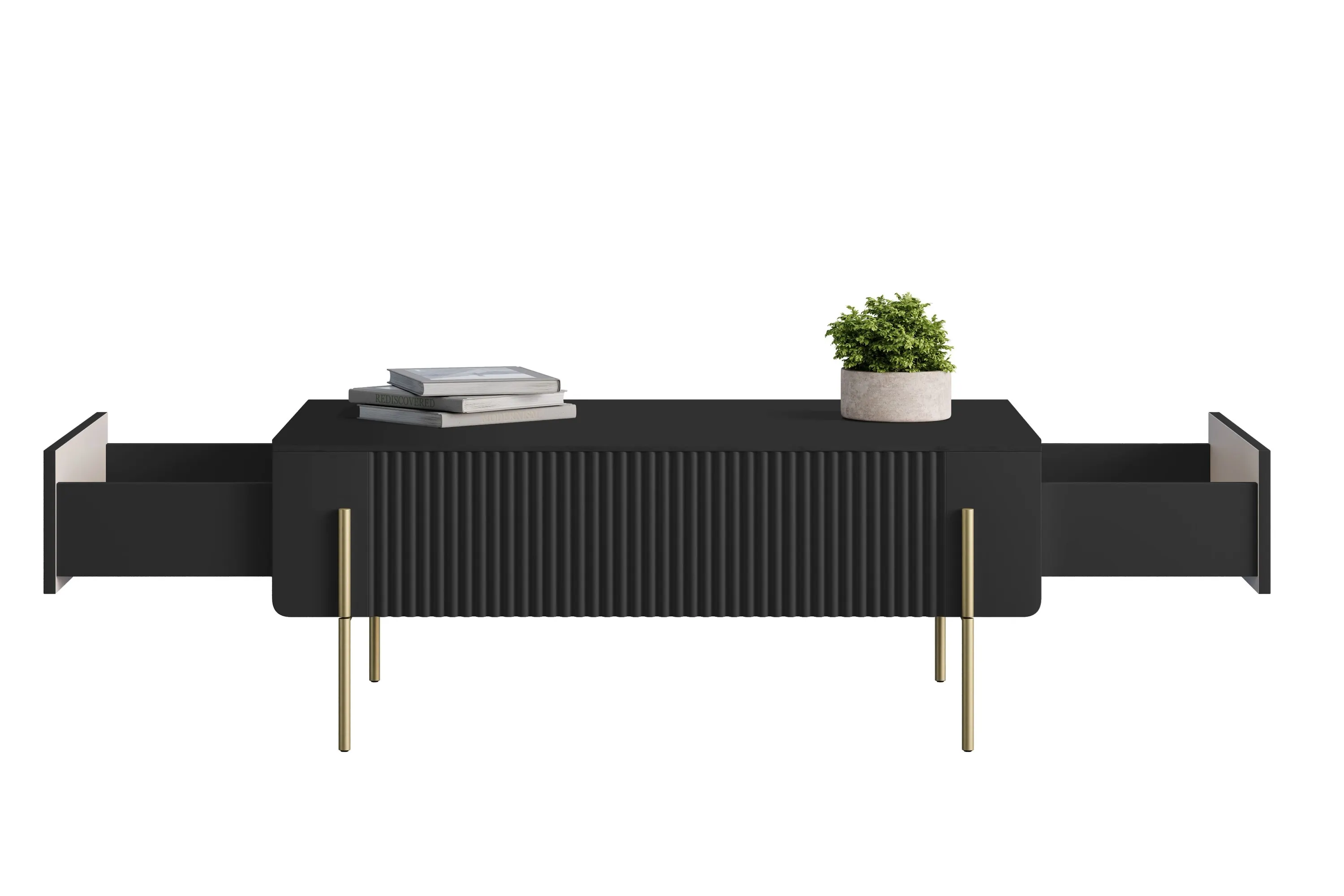Stolik kawowy z 2 szufladami MALMI ryflowany front 60x100cm - czarny - złoty - B_166963