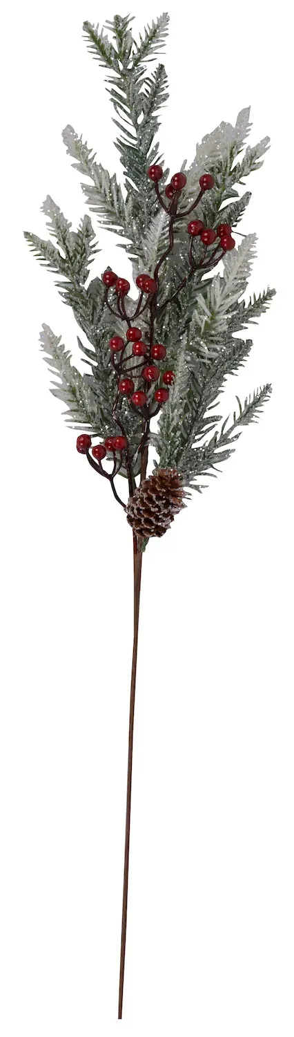 Gałązka sosna z czerwonymi kuleczkami i szyszką 3401 czerwony zielony