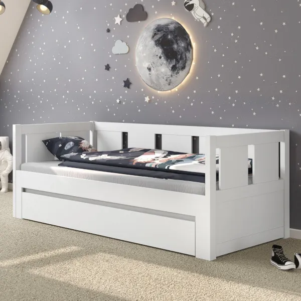 Łóżko drewniane rozkładane MOON 90x200 z oparciem białe - LMOONBIA90