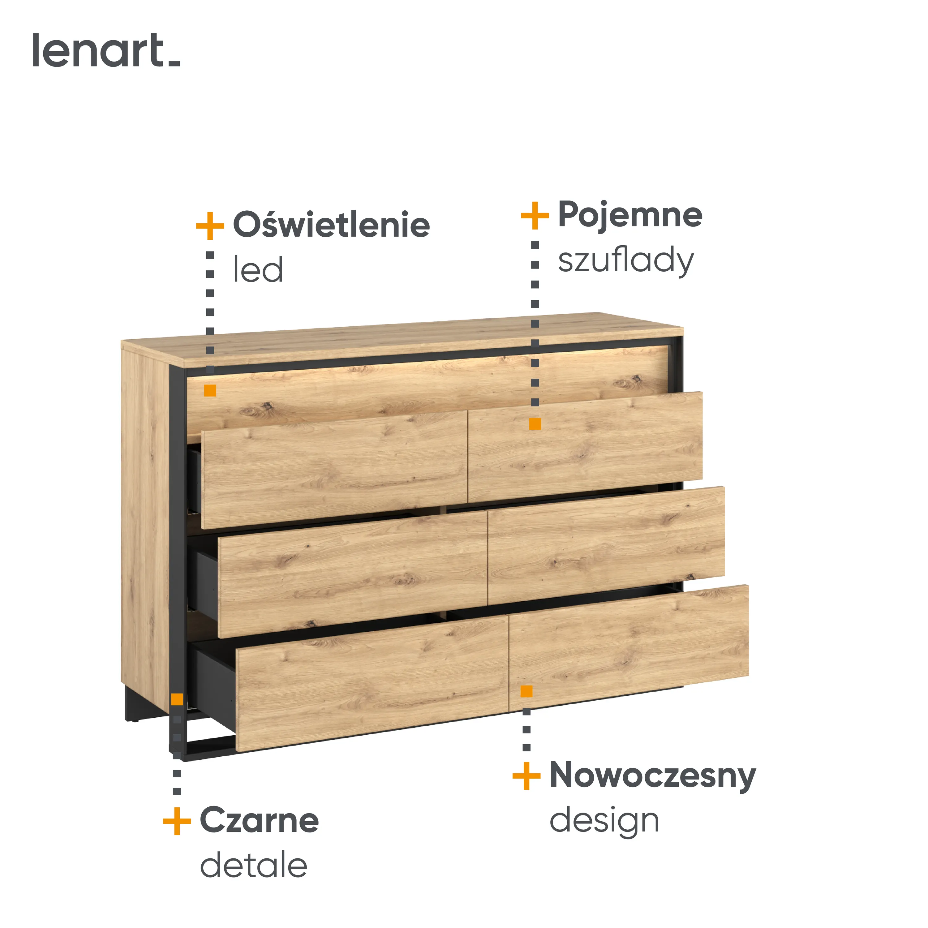 Komoda z szufladami LED Quant QS-04 dąb artisan/czarny - QS4DAC