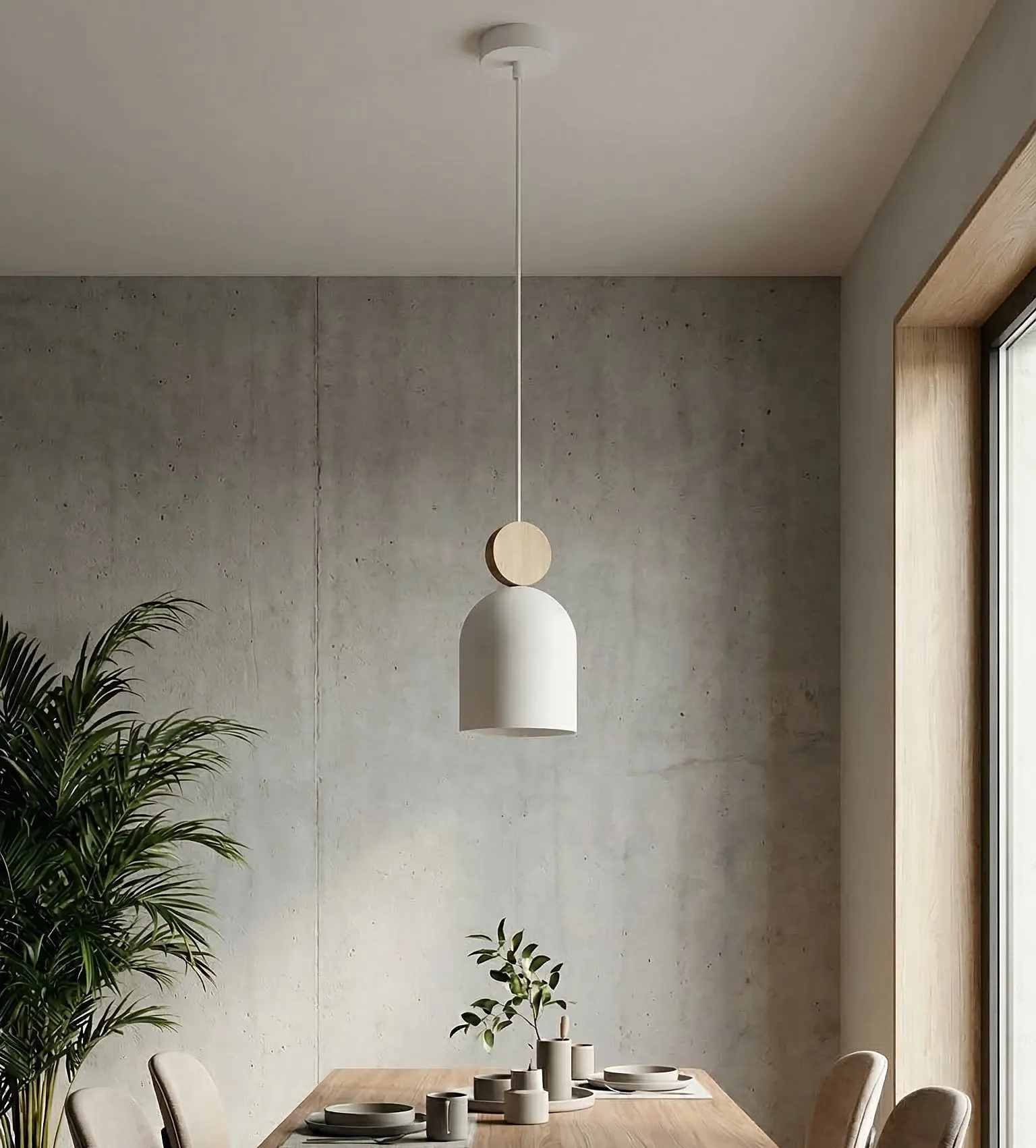 lampa wisząca, klocek drewniany, bielony metal, stół drewniany, wnętrze minimalistyczne