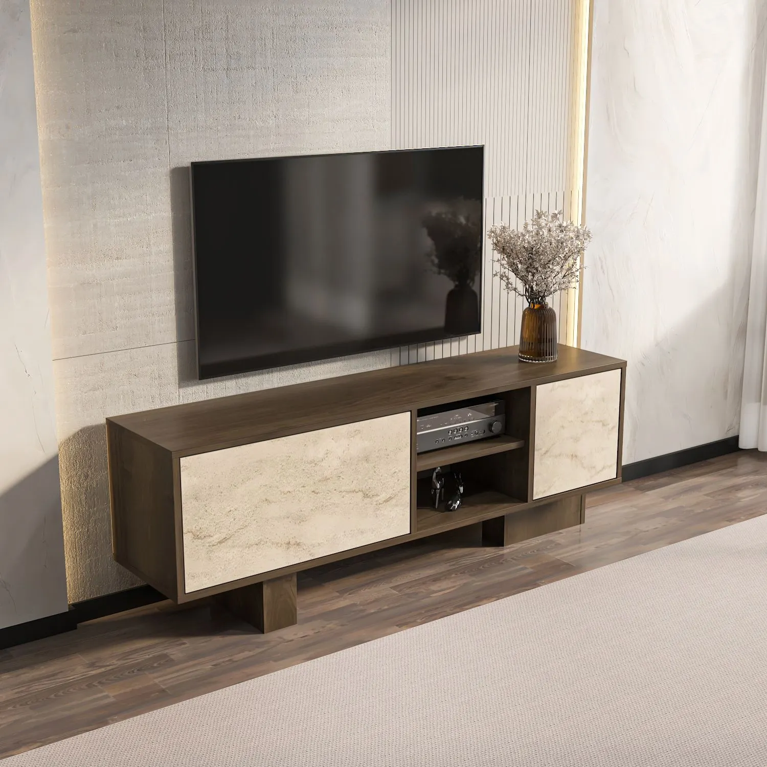 Szafka RTV 2-drzwiowa MONACO 150 cm trawertynowy orzech — zdjęcie 3
